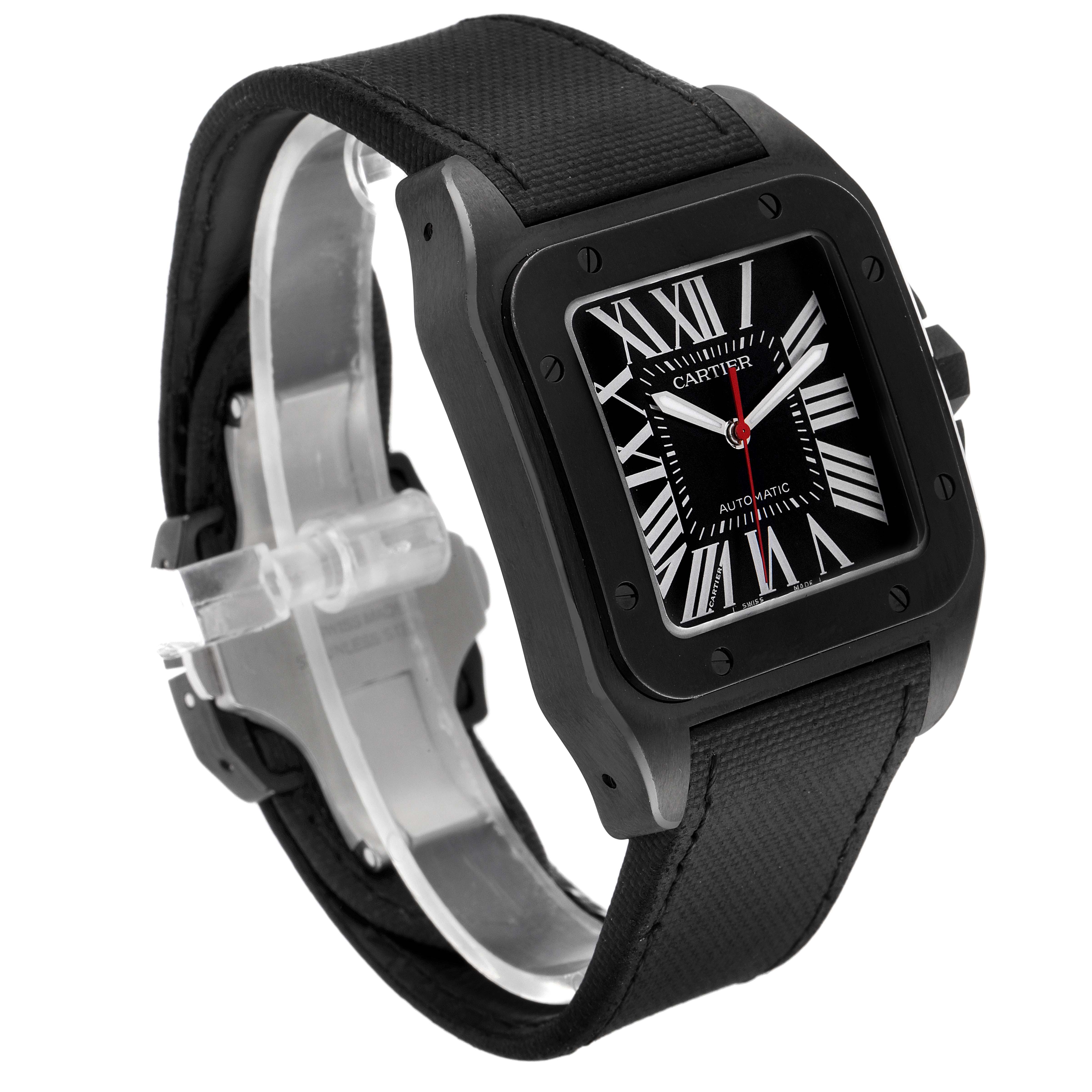 The photo shows a front-left angle of the Cartier Santos WSSA0006 Men's Stainless Steel Black Dial WSSA0006 Men's Stainless Steel Black Dial watch with a black strap and visible face.