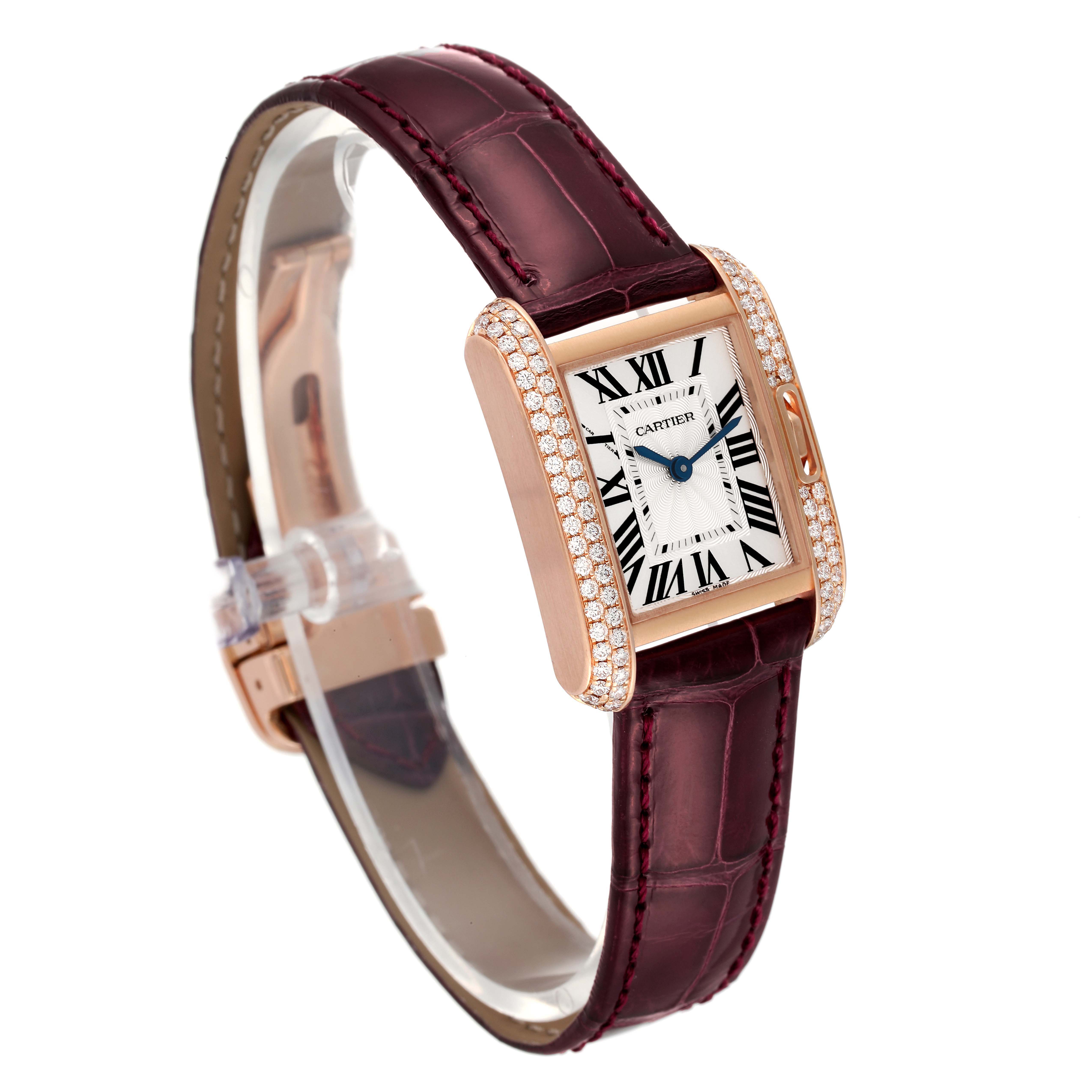 The image shows a Cartier Tank Anglaise WT100013 Women's Rose Gold Silver Dial WT100013 Women's Rose Gold Silver Dial watch at a side angle, highlighting its rectangular face, Roman numerals, and maroon leather strap.