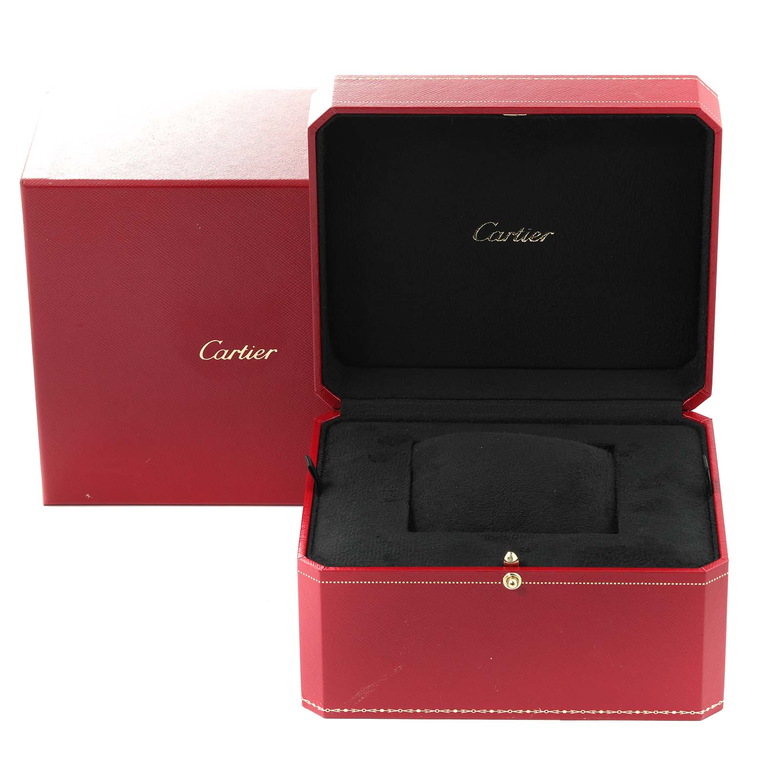 The image shows a Cartier Tank Anglaise WT100013 Women's Rose Gold Silver Dial WT100013 Women's Rose Gold Silver Dial watch box, featuring a red exterior and an open lid with a black, cushioned interior.
