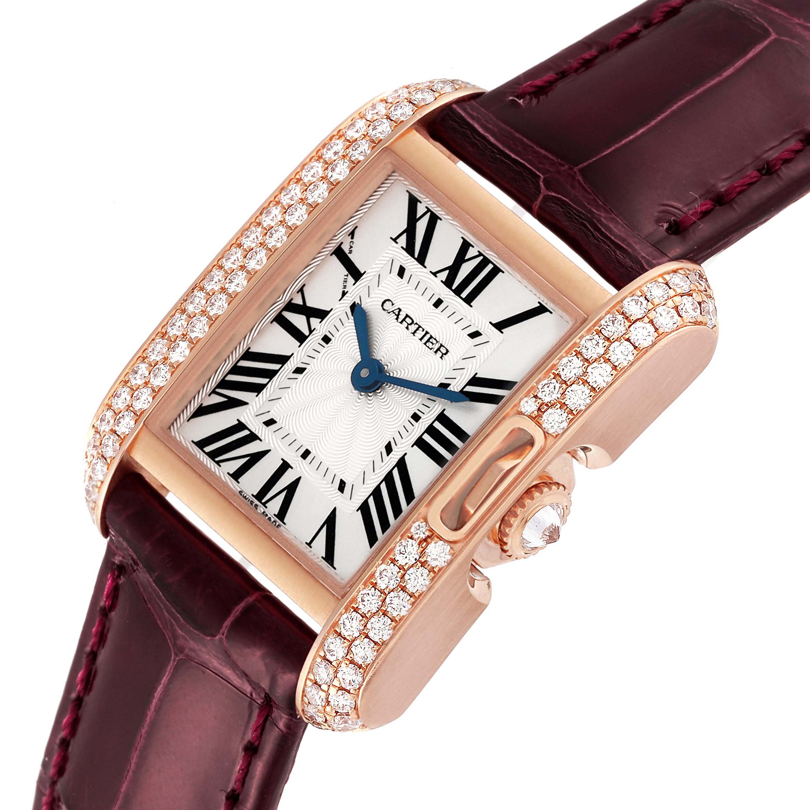 This Cartier Tank Anglaise WT100013 Women's Rose Gold Silver Dial WT100013 Women's Rose Gold Silver Dial watch is shown at an angled view, highlighting its diamond-encrusted bezel and dial.