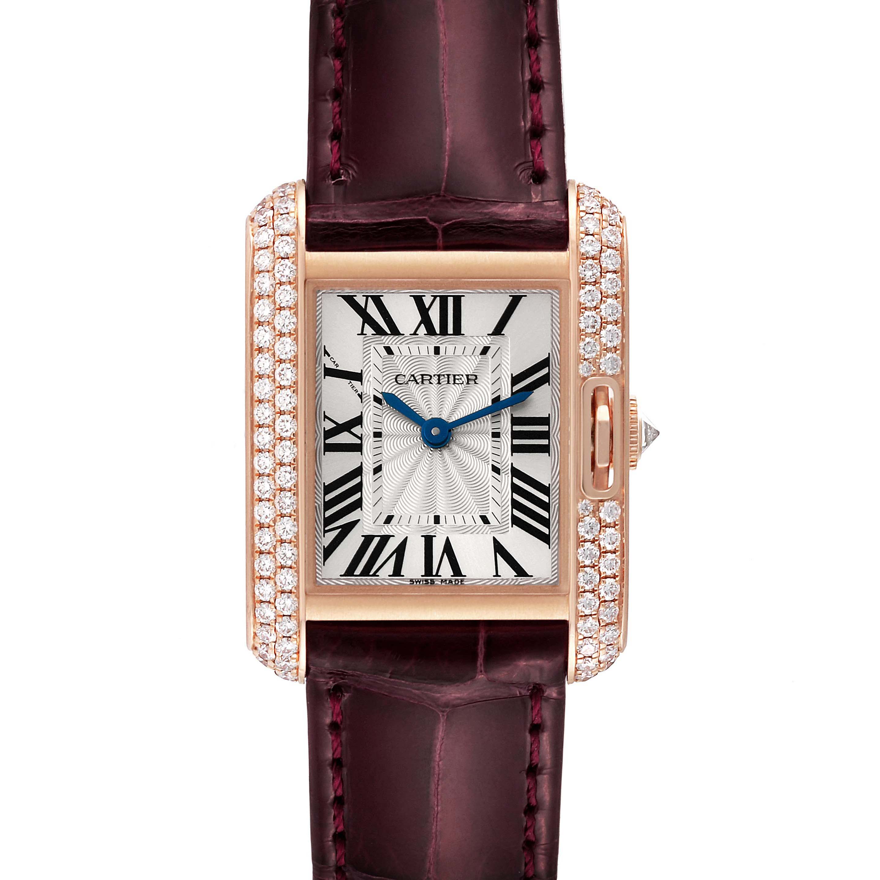 This image shows a Cartier Tank Anglaise WT100013 Women's Rose Gold Silver Dial WT100013 Women's Rose Gold Silver Dial watch from a top-down angle, displaying the face, strap, and case detail.