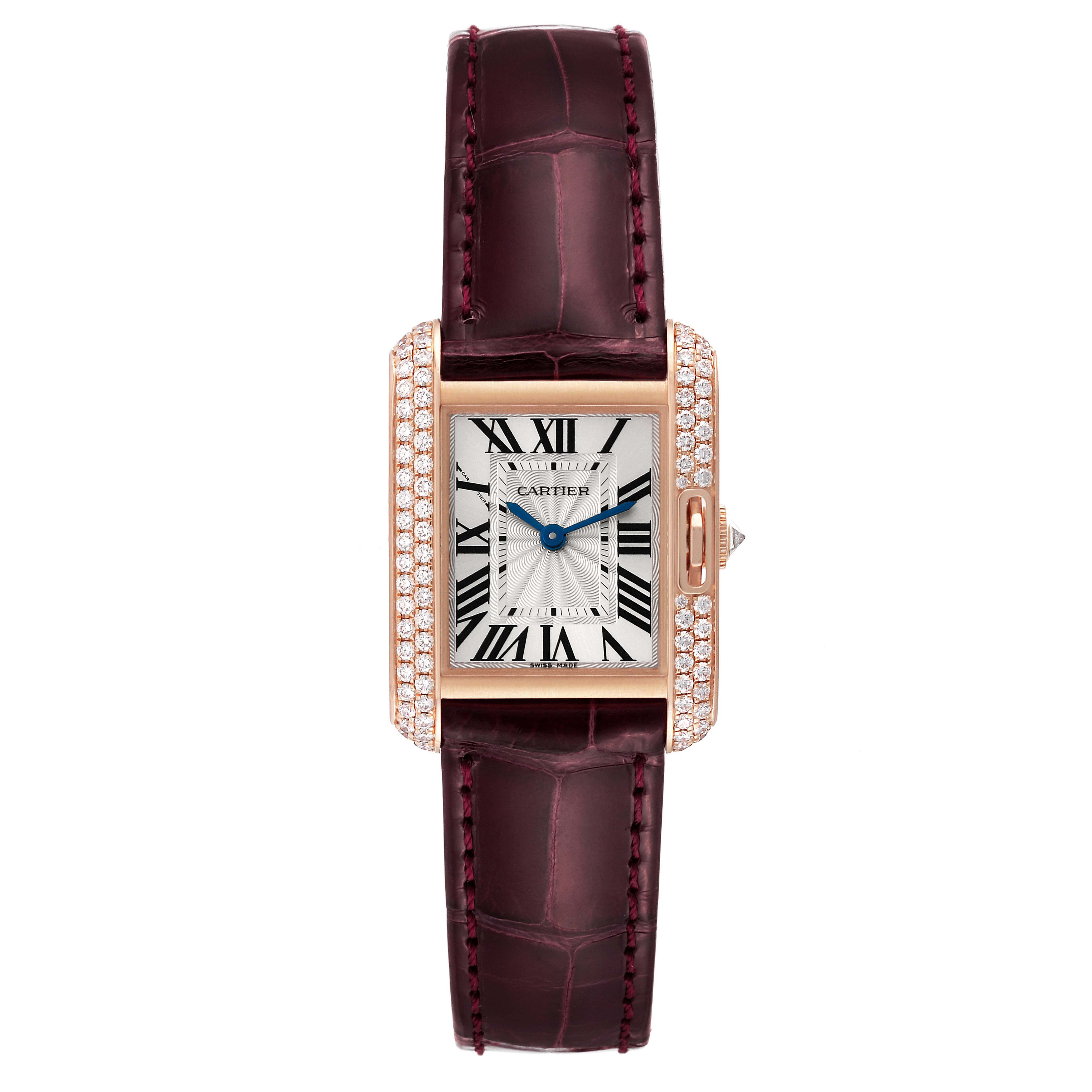 This image shows a frontal view of the Cartier Tank Anglaise WT100013 Women's Rose Gold Silver Dial WT100013 Women's Rose Gold Silver Dial watch, highlighting its rectangular dial, diamond-set case, and leather strap.
