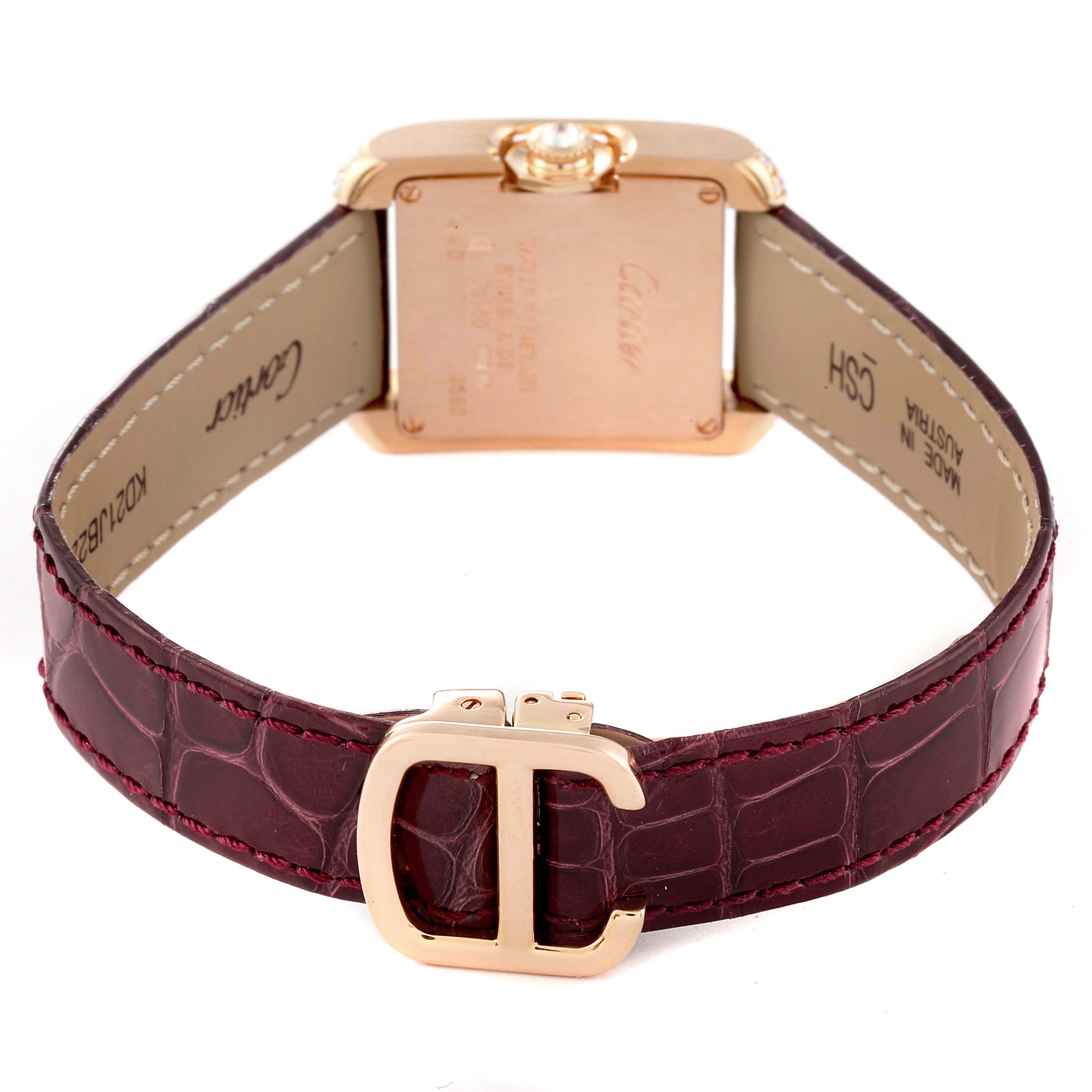 The image shows the back view of a Cartier Tank Anglaise WT100013 Women's Rose Gold Silver Dial WT100013 Women's Rose Gold Silver Dial watch, highlighting its case, crown, and leather strap with a buckle.