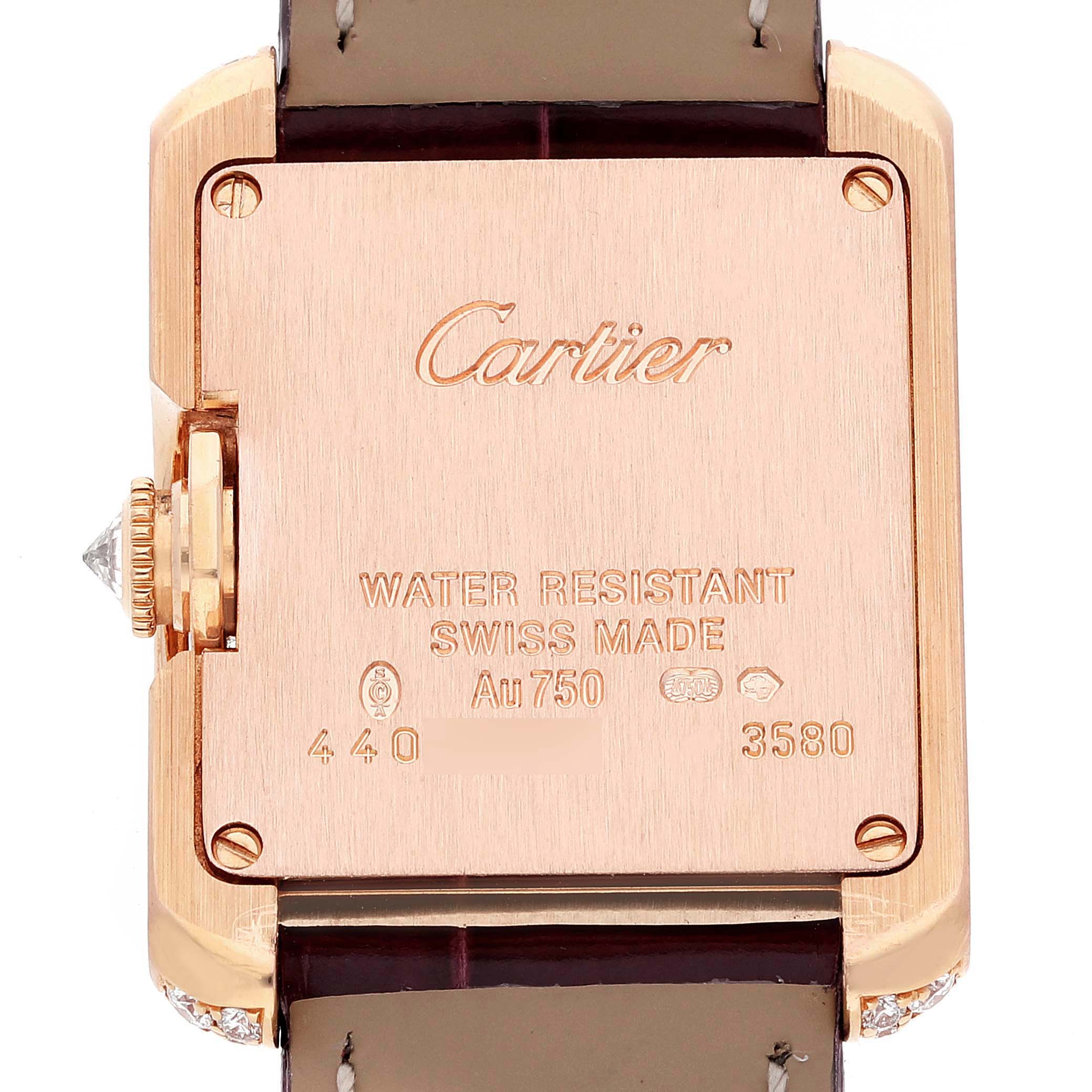 The image shows the back case and strap of a Cartier Tank Anglaise WT100013 Women's Rose Gold Silver Dial WT100013 Women's Rose Gold Silver Dial watch.