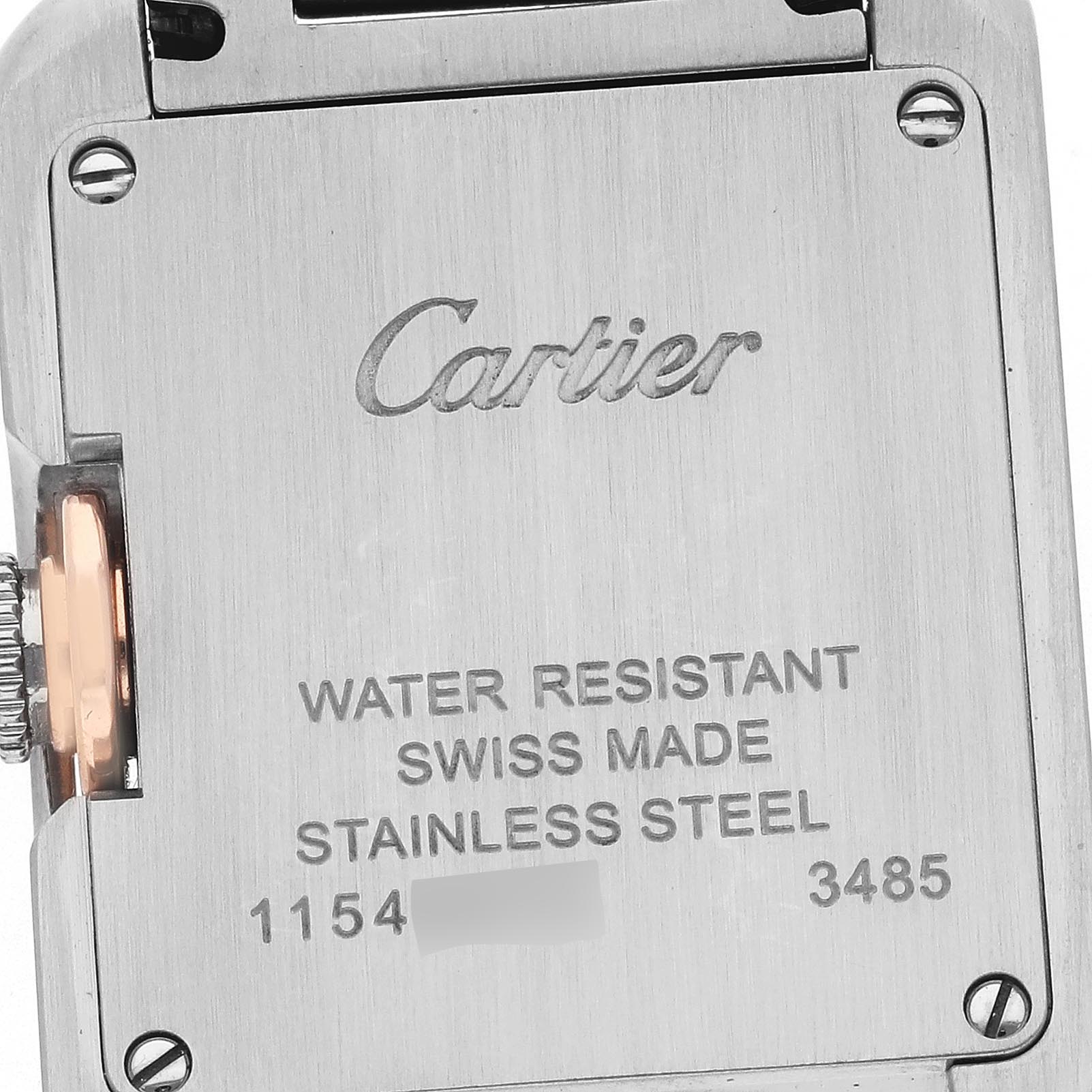 The image shows the back of the Cartier Tank Anglaise WT100024 Women's Steel and Gold (two tone) Silver Dial WT100024 Women's Steel and Gold (two tone) Silver Dial watch, displaying the brand and material details in stainless steel.