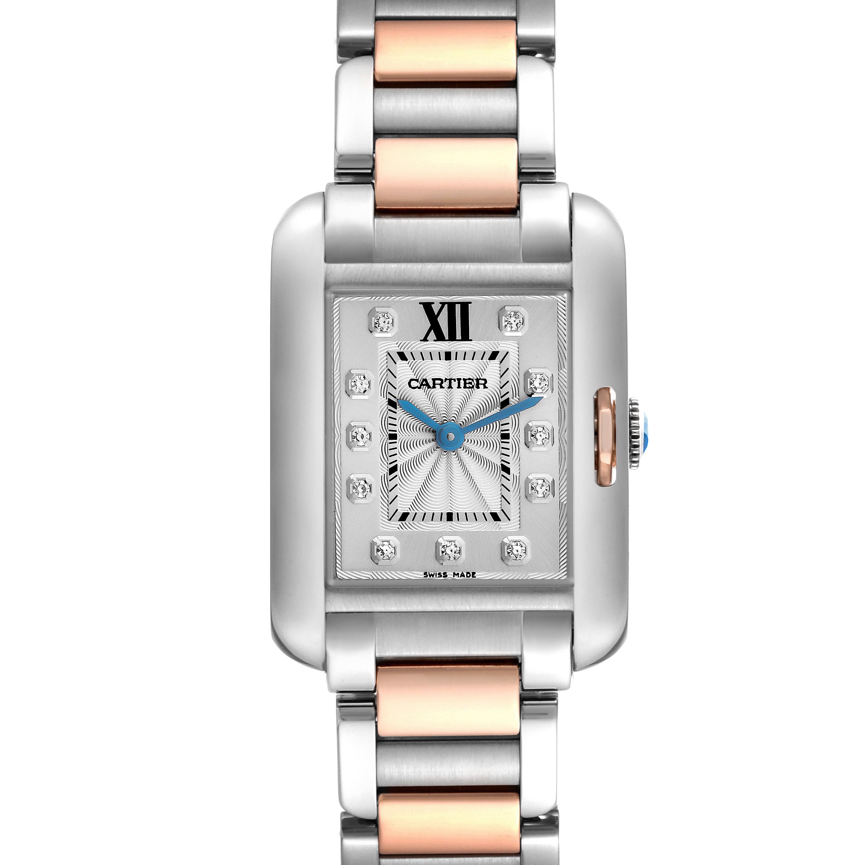 The Cartier Tank Anglaise WT100024 Women's Steel and Gold (two tone) Silver Dial WT100024 Women's Steel and Gold (two tone) Silver Dial watch is shown from a front view, highlighting its dial, Roman numeral hour markers, and metal bracelet.