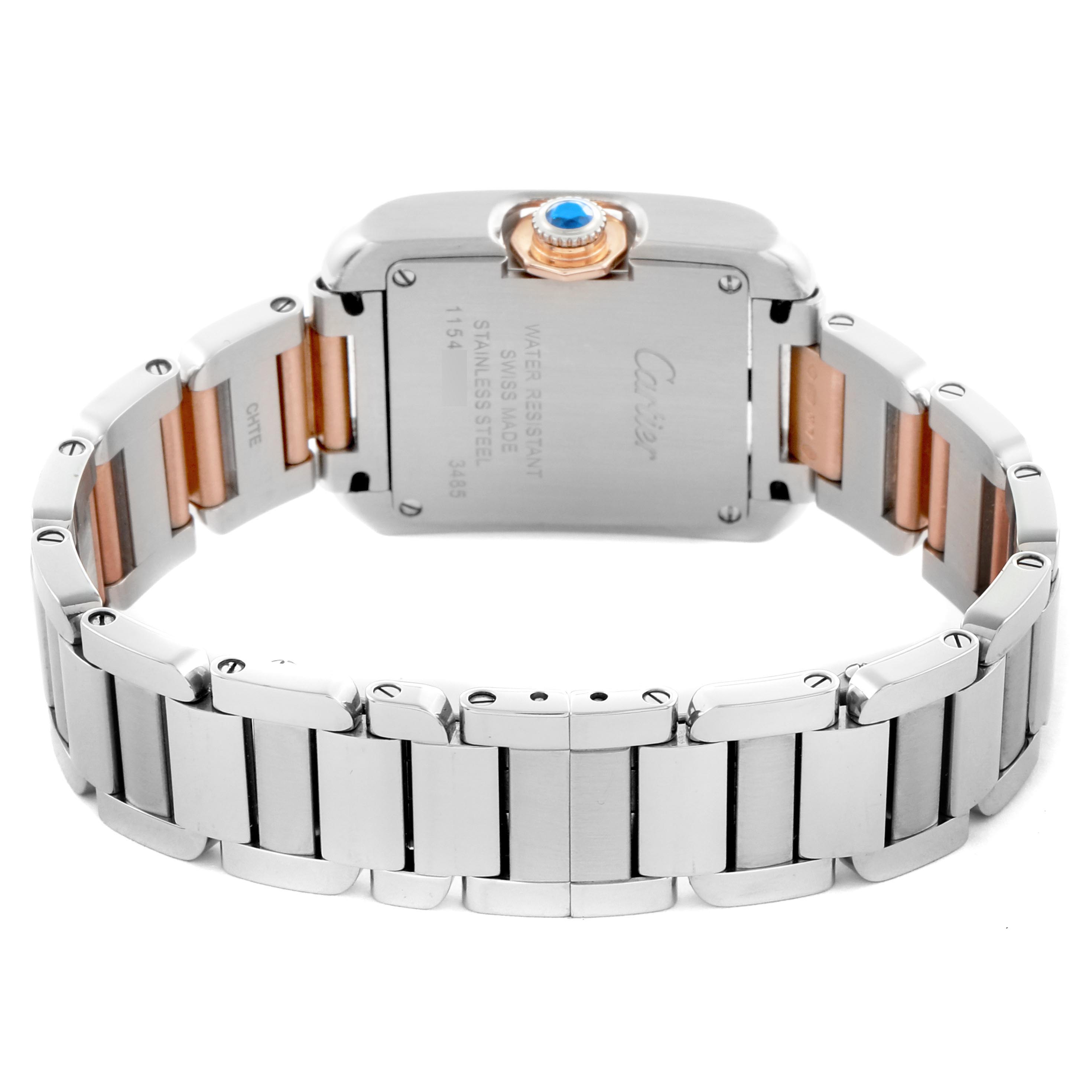 The Cartier Tank Anglaise WT100024 Women's Steel and Gold (two tone) Silver Dial WT100024 Women's Steel and Gold (two tone) Silver Dial watch is shown from the back and side, highlighting the bracelet and crown.