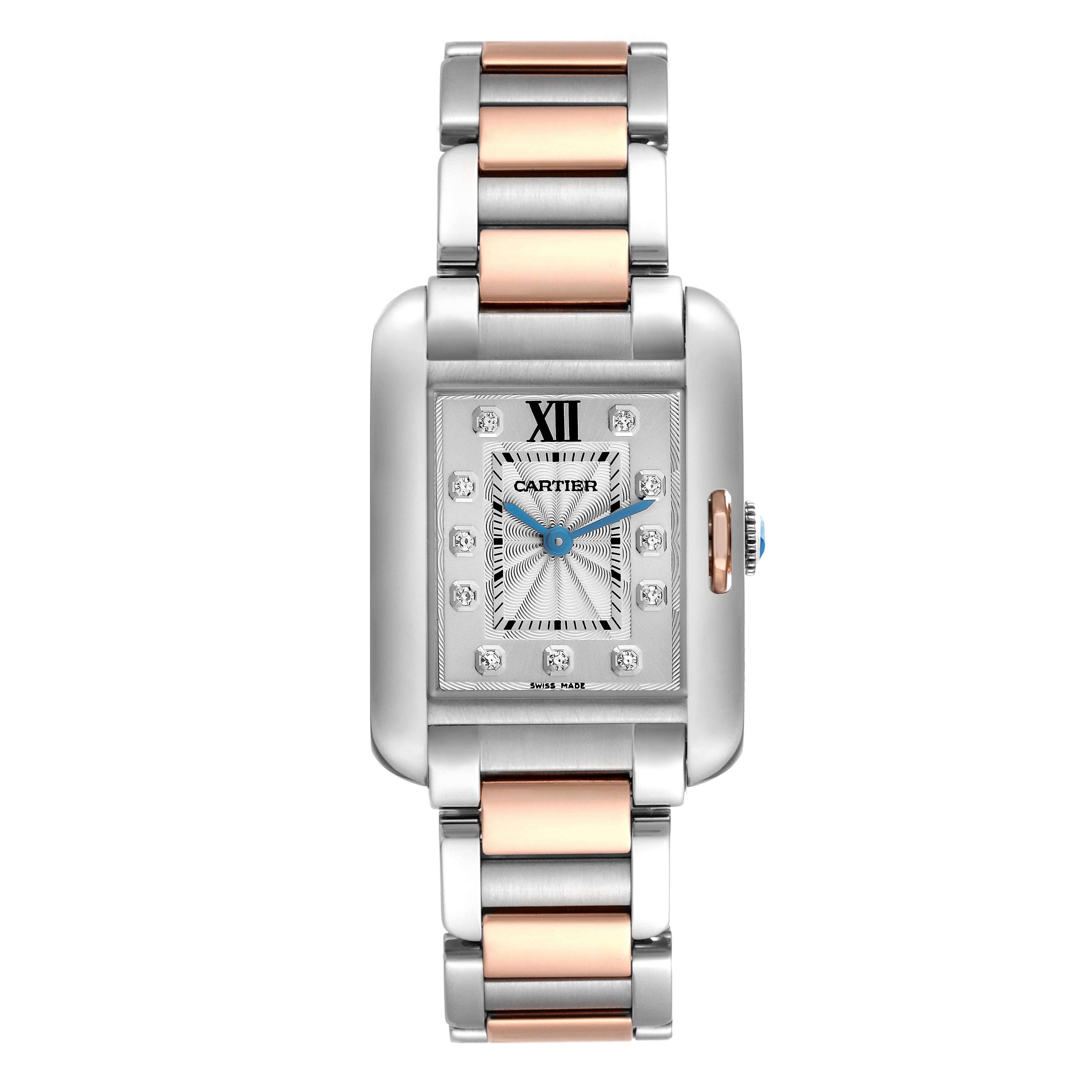 The Cartier Tank Anglaise WT100024 Women's Steel and Gold (two tone) Silver Dial WT100024 Women's Steel and Gold (two tone) Silver Dial watch is shown from a front angle, displaying the dial, case, and bracelet.