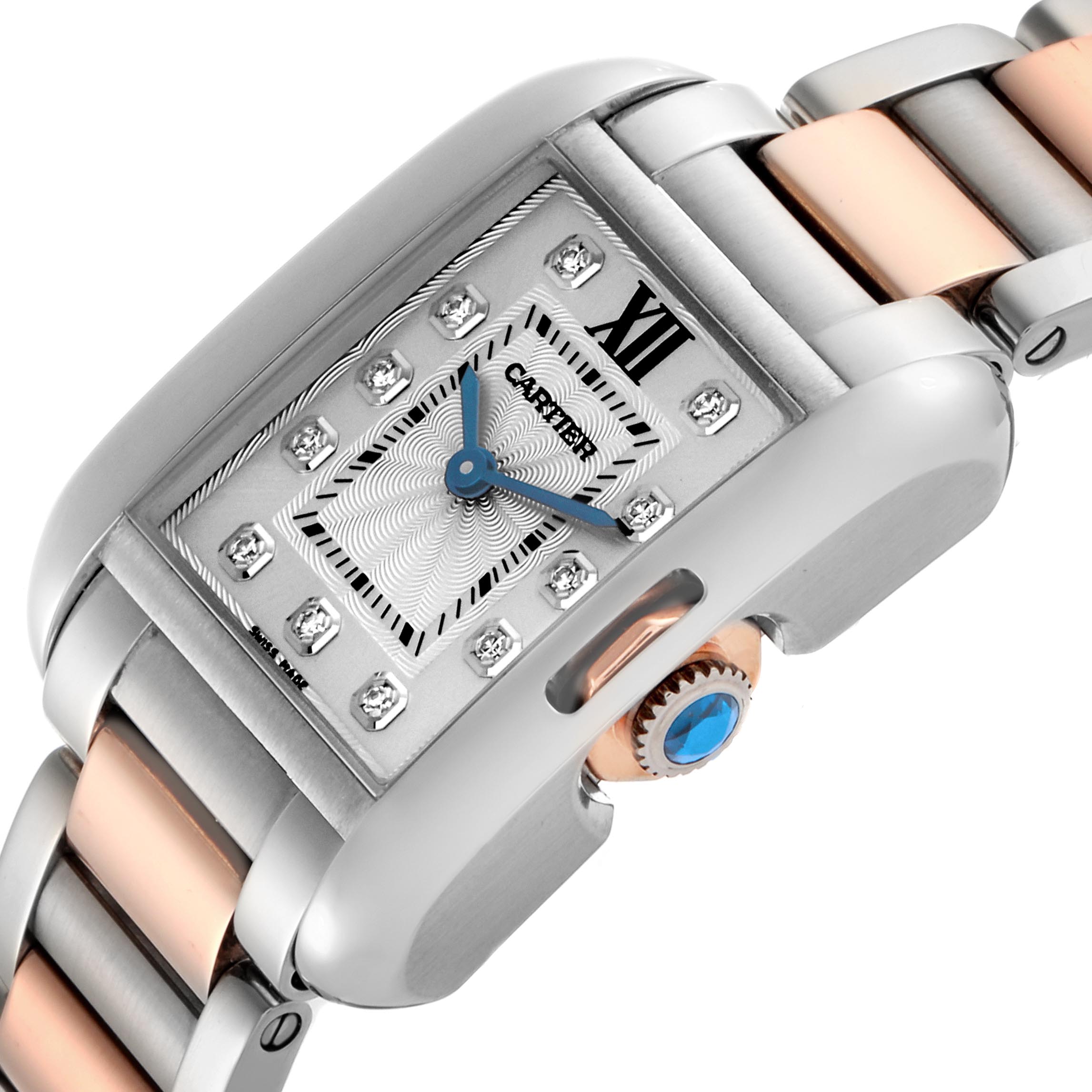 The Cartier Tank Anglaise WT100024 Women's Steel and Gold (two tone) Silver Dial WT100024 Women's Steel and Gold (two tone) Silver Dial watch is shown at an angled close-up, highlighting the dial, crown, and bracelet.