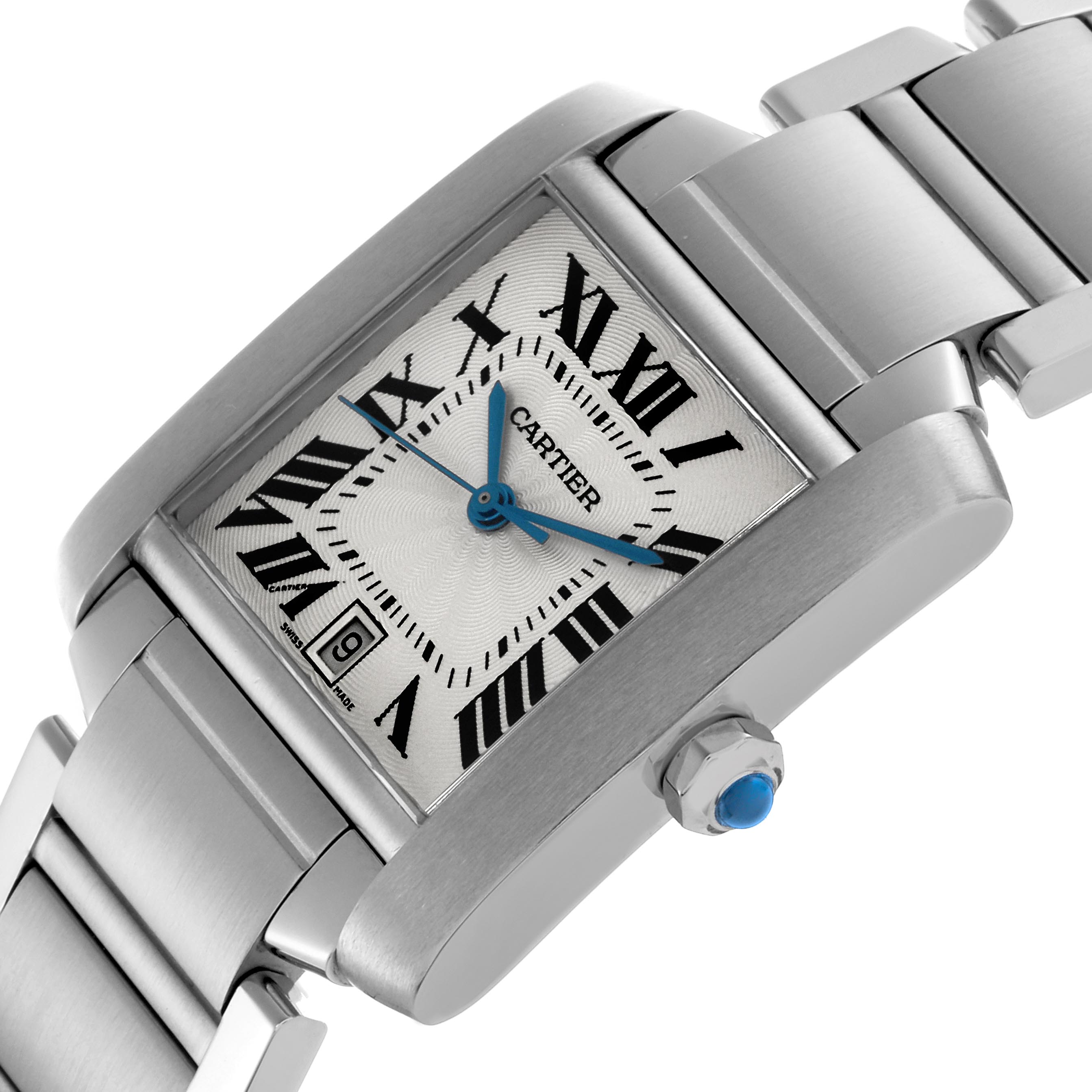 The Cartier Tank Francaise W51002Q3 Men's Stainless Steel Silver Dial W51002Q3 Men's Stainless Steel Silver Dial watch is shown at an angled close-up, highlighting the face, Roman numerals, and part of the bracelet.