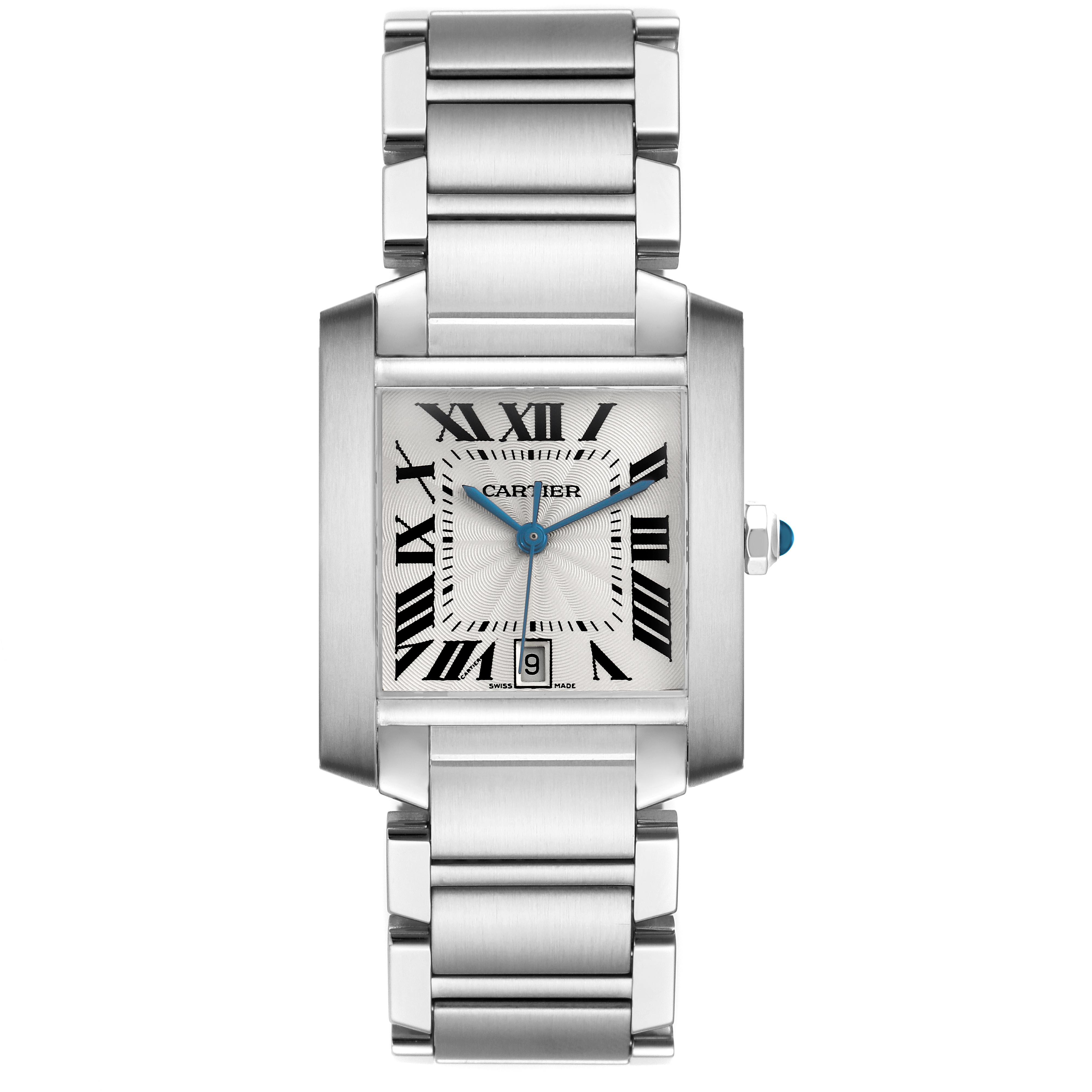 The Cartier Tank Française watch is shown from a front angle, displaying its face, bracelet, and crown.