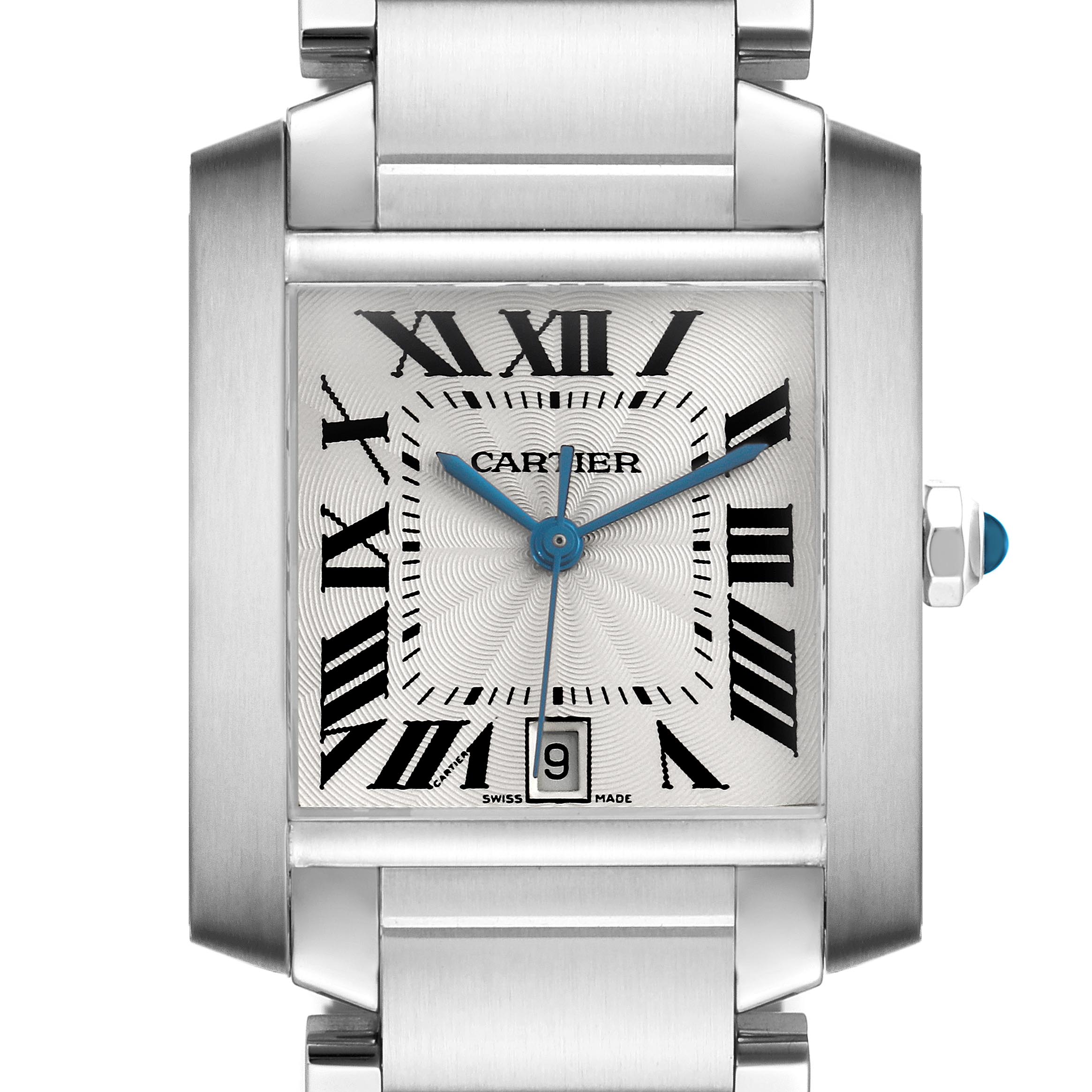 The Cartier Tank Française watch is shown from the front, displaying the face, Roman numerals, date window, and side crown.