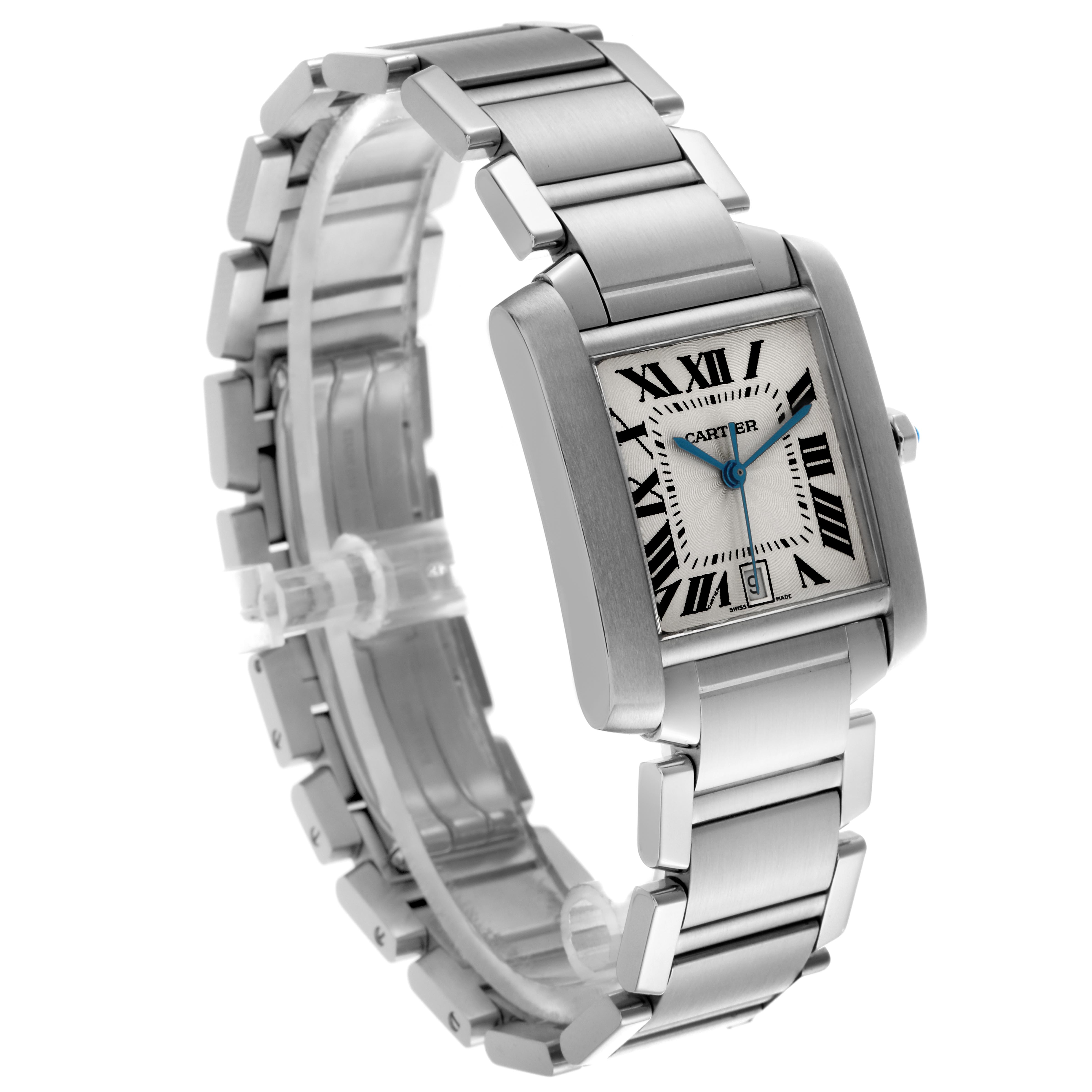 The Cartier Tank Française watch is shown at a slight angle, highlighting the stainless steel bracelet, rectangular case, and face details.