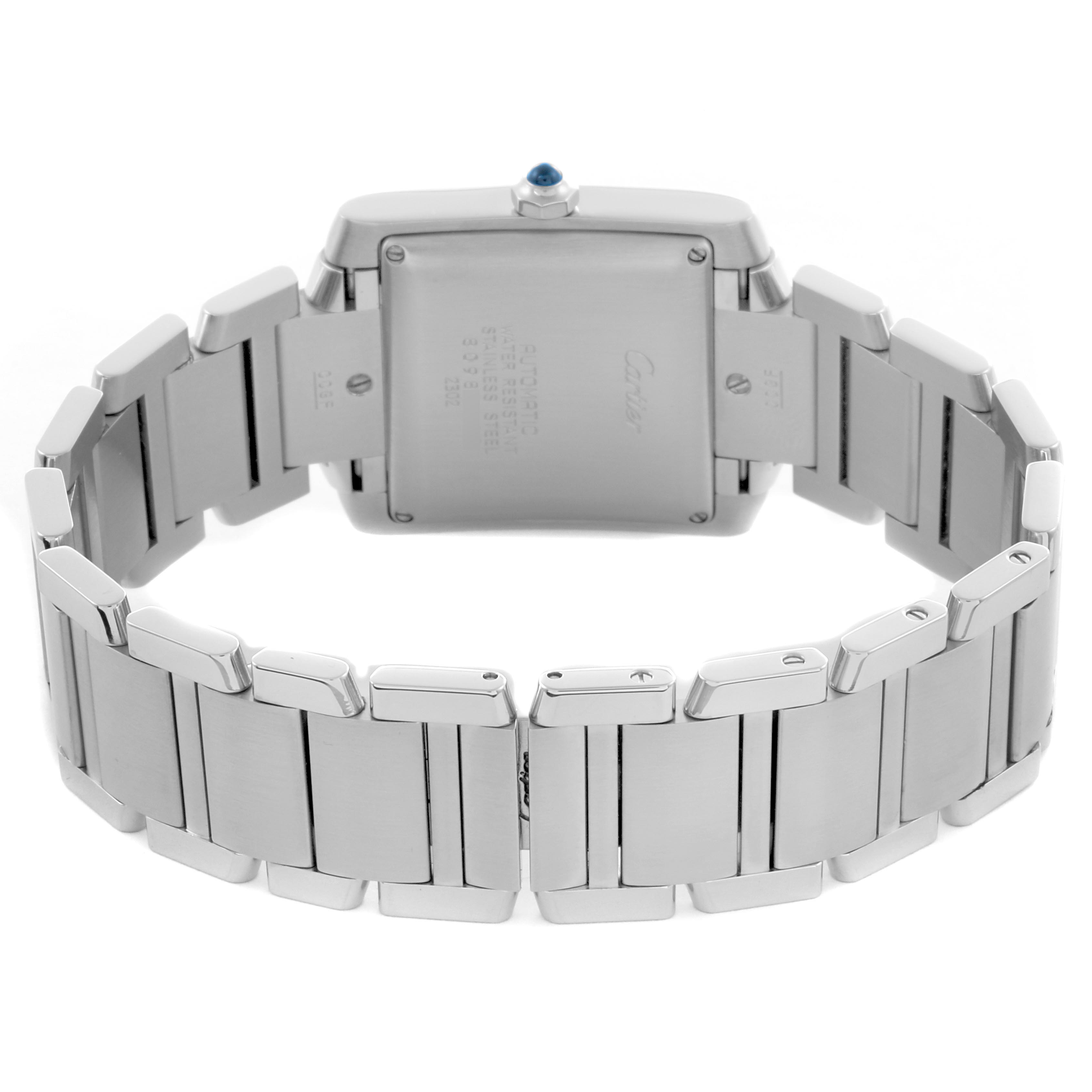 The Cartier Tank Française watch is shown from the back, highlighting the case back, bracelet, and clasp details.