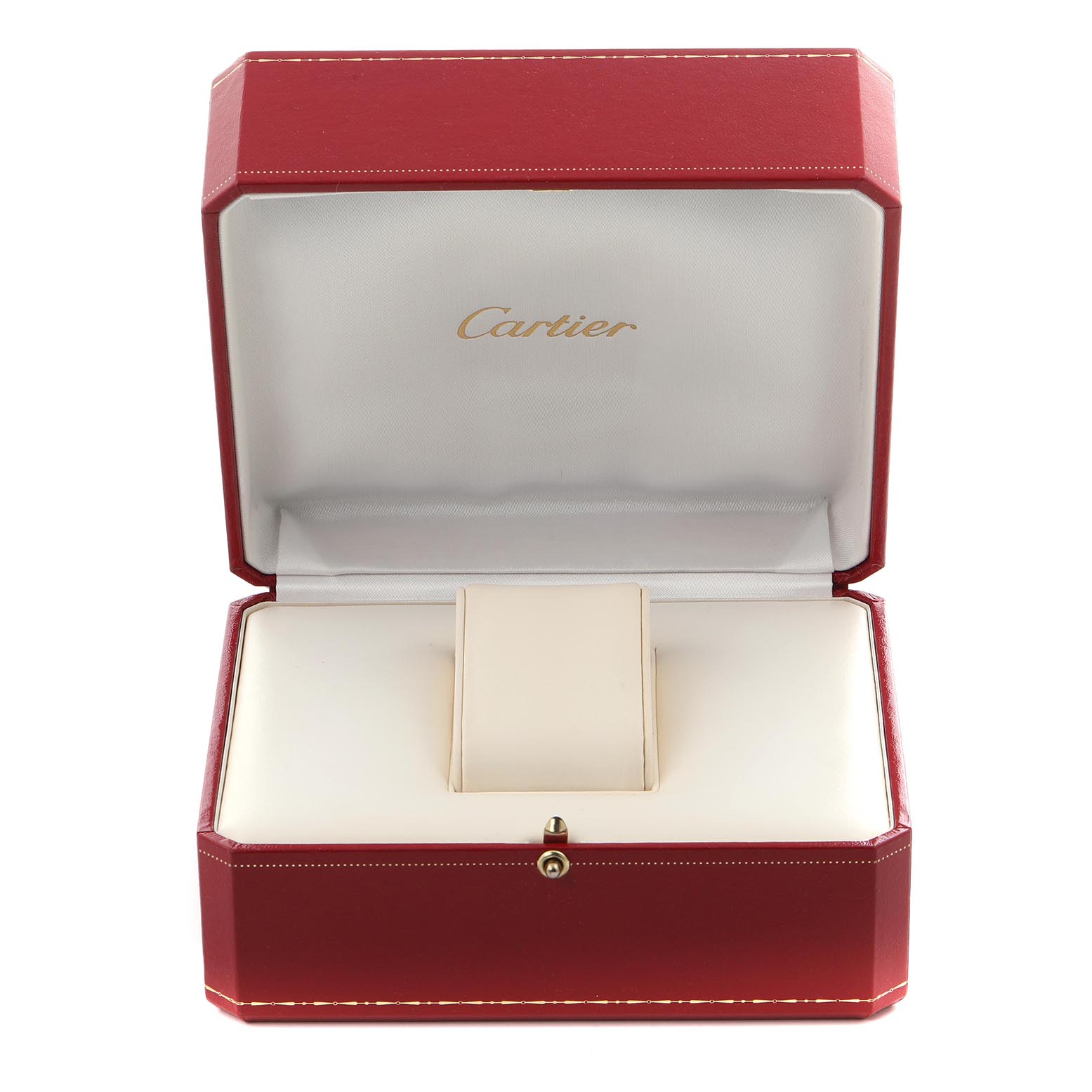 The image shows an open Cartier watch box, designed for a Tank Francaise model, with no watch inside.