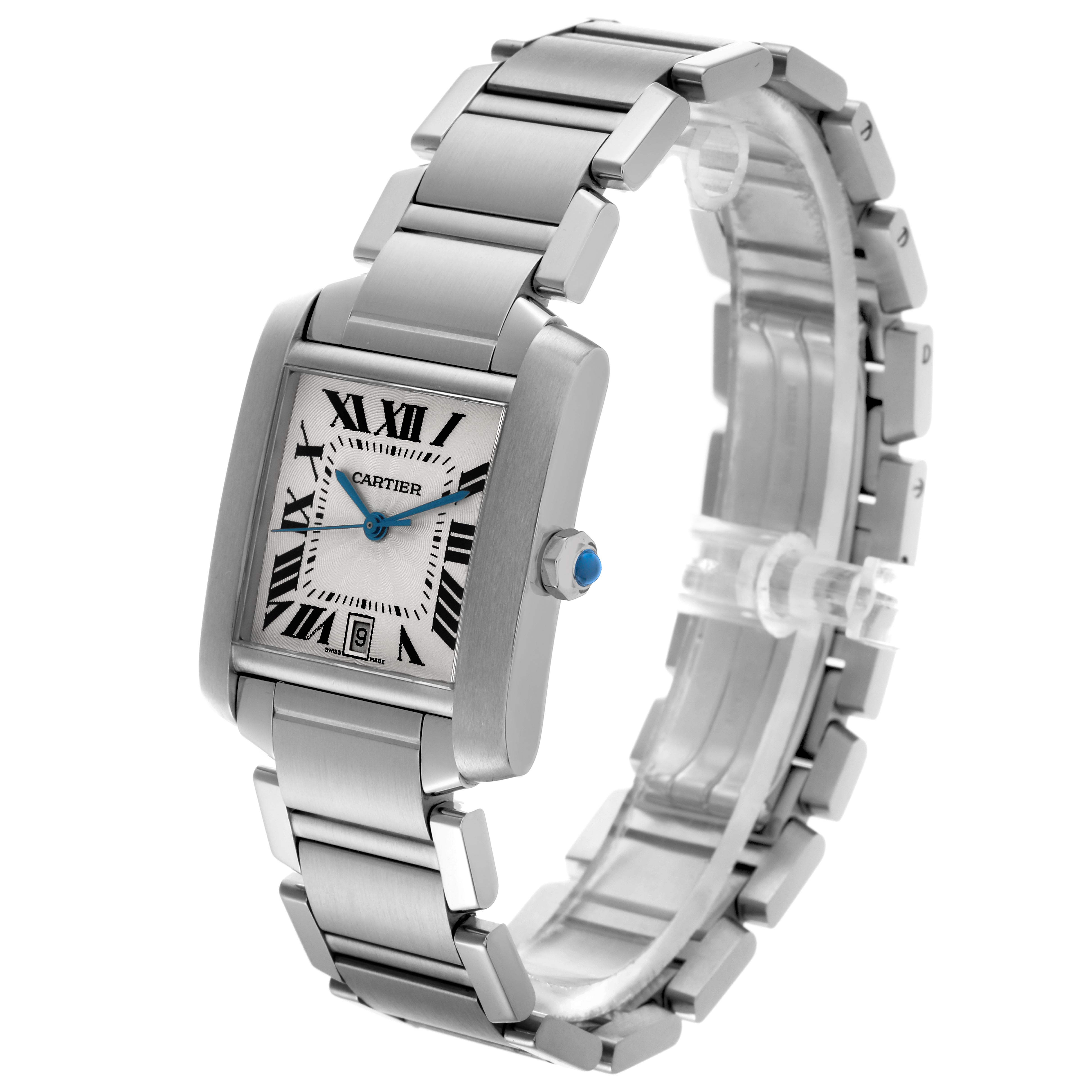 The Cartier Tank Française watch is shown at a three-quarter angle, displaying the face, bracelet, and side crown.