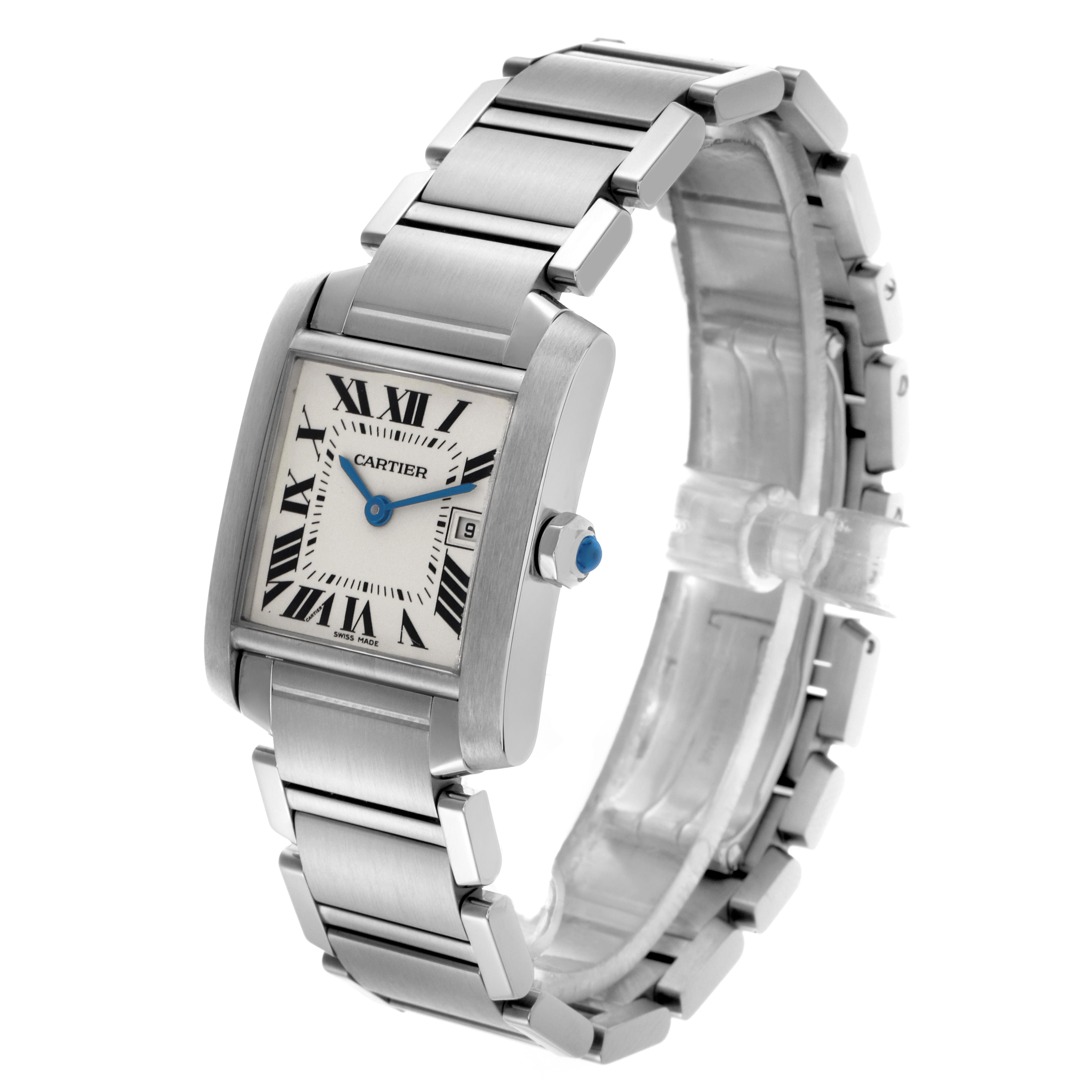 The Cartier Tank Française watch is shown at a slight angle, emphasizing its square face, stainless steel bracelet, and blue cabochon crown.