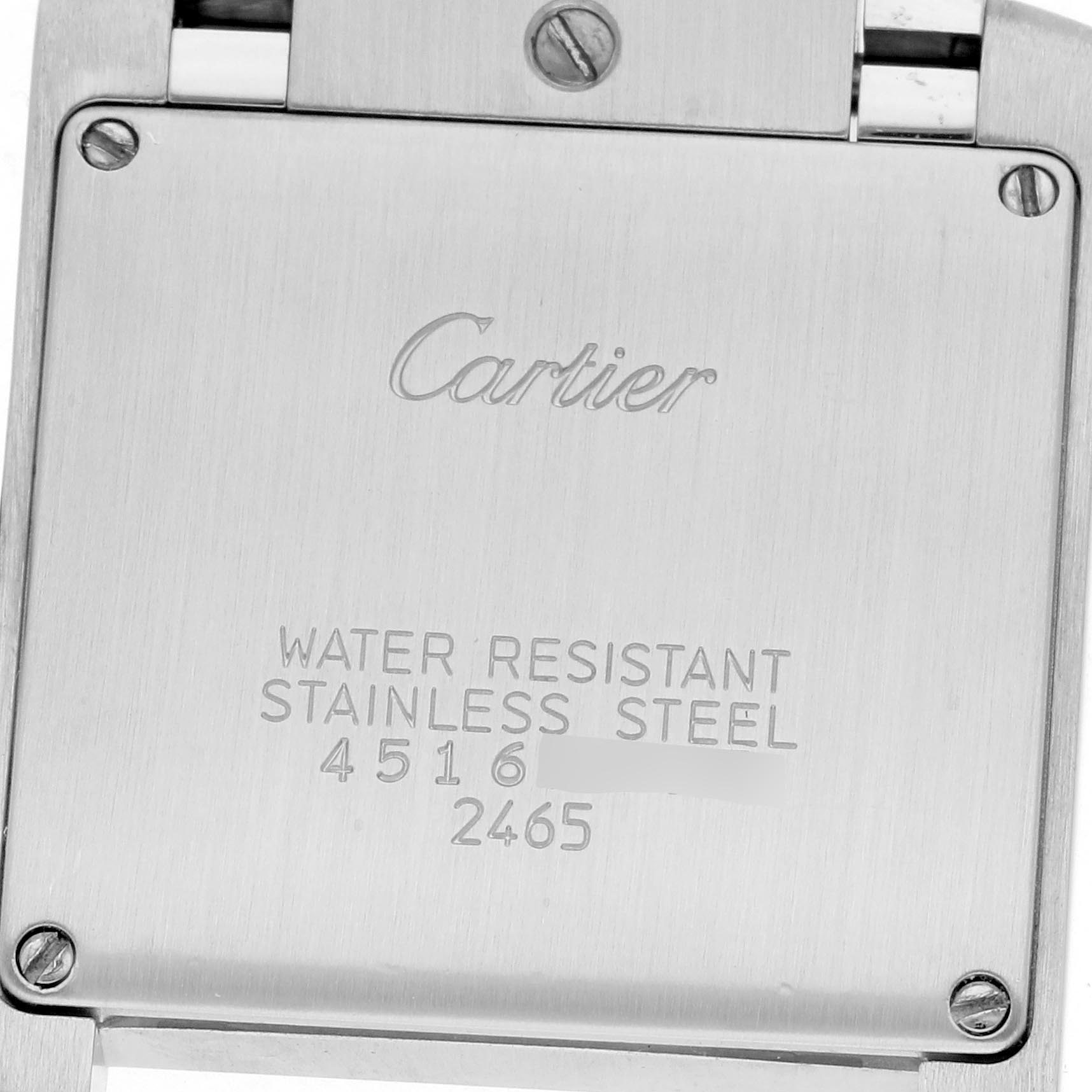 This image shows the back case of a Cartier Tank Française watch, displaying the brand engraving and water resistance marking.