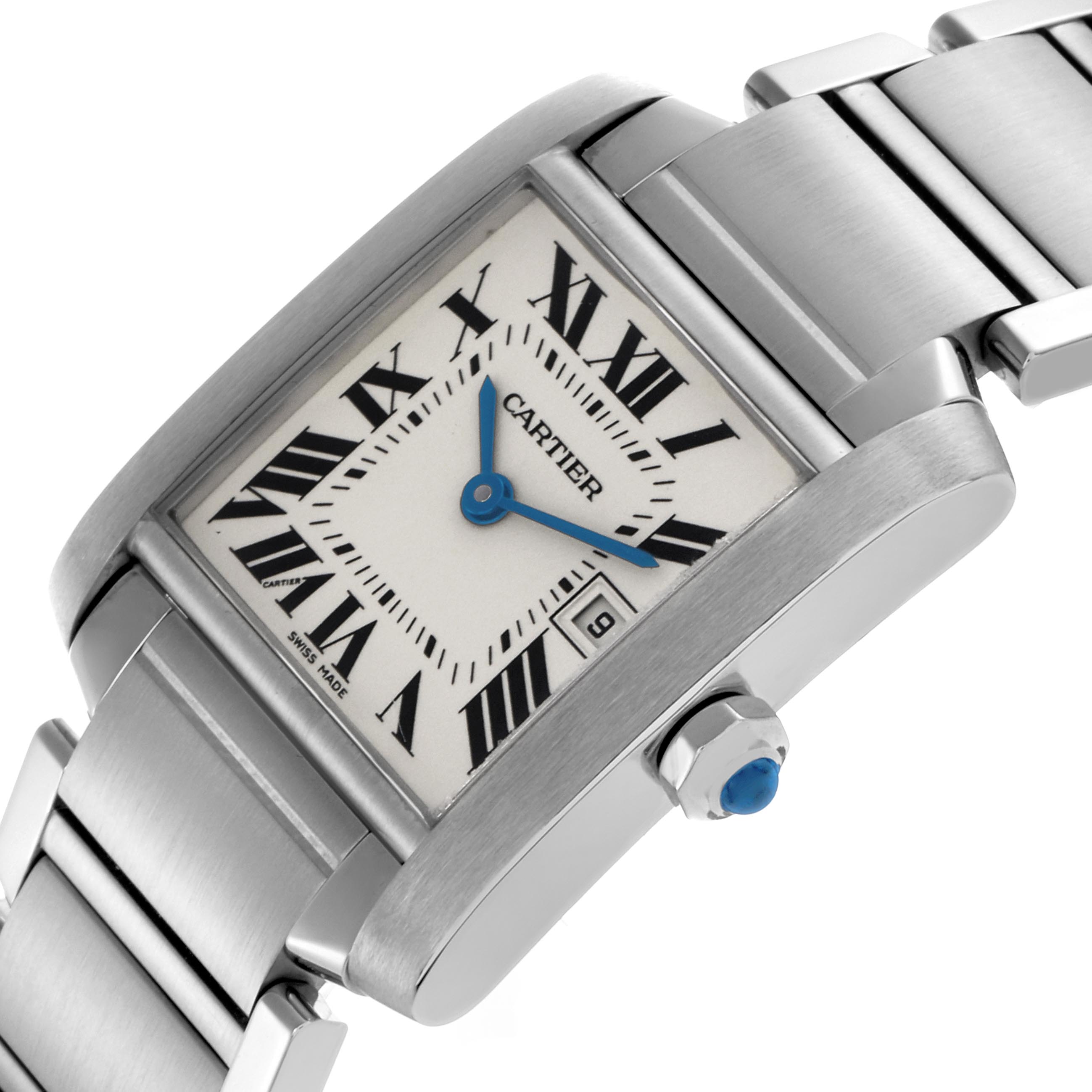 The Cartier Tank Francaise W51011Q3 Women's Stainless Steel Silver Dial W51011Q3 Women's Stainless Steel Silver Dial watch is shown at a slight angle, highlighting its bracelet, crown, and rectangular face with Roman numerals.