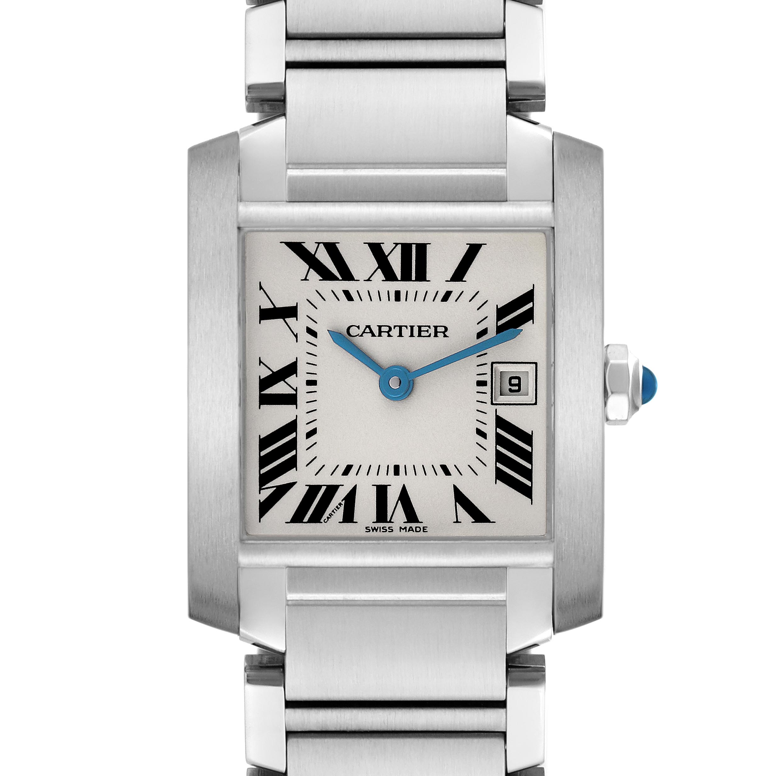 The Cartier Tank Française watch is shown from the front, highlighting its square face, Roman numerals, metal bracelet, and date window.