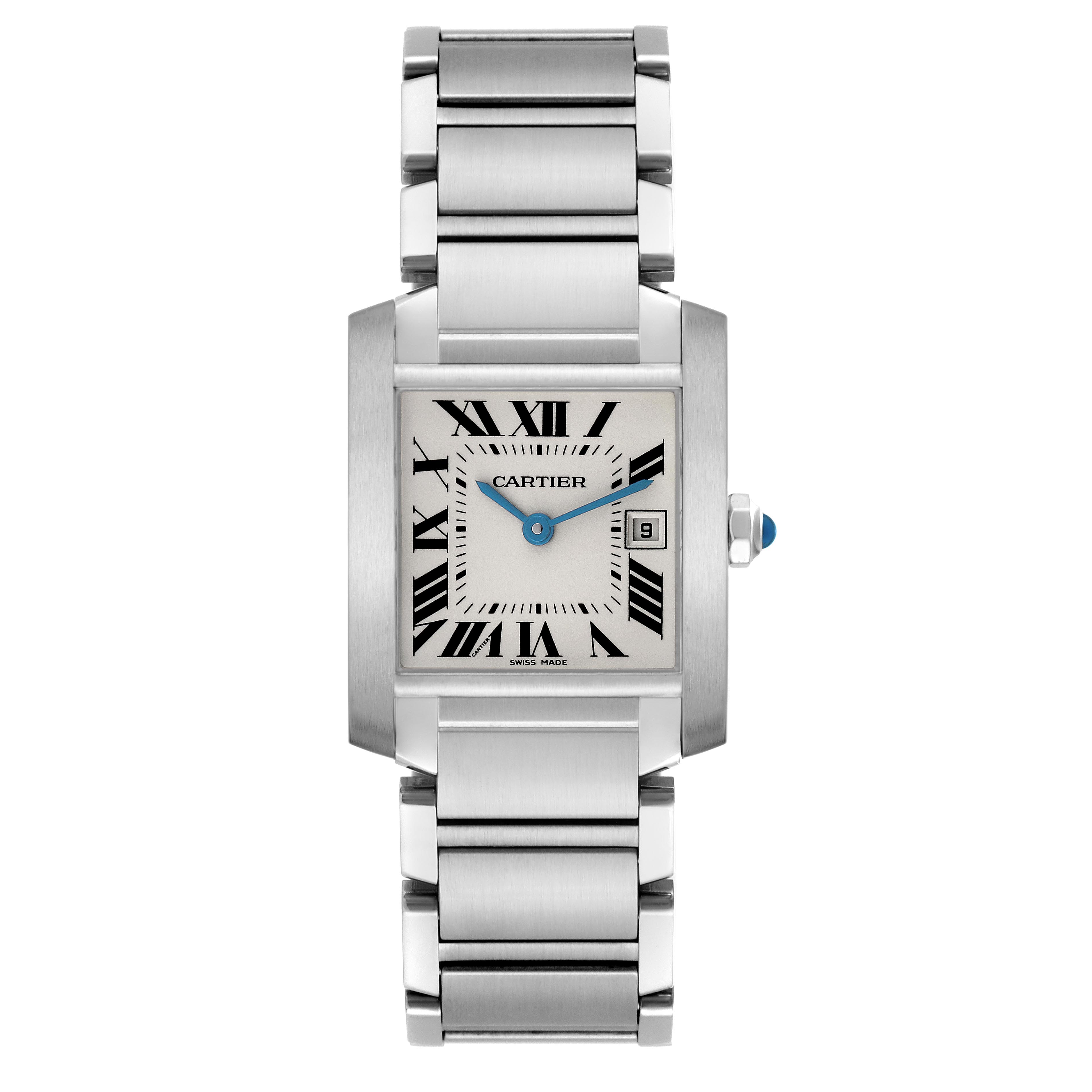 The image shows a Cartier Tank Française watch from a front angle, highlighting the face, bracelet, and crown.