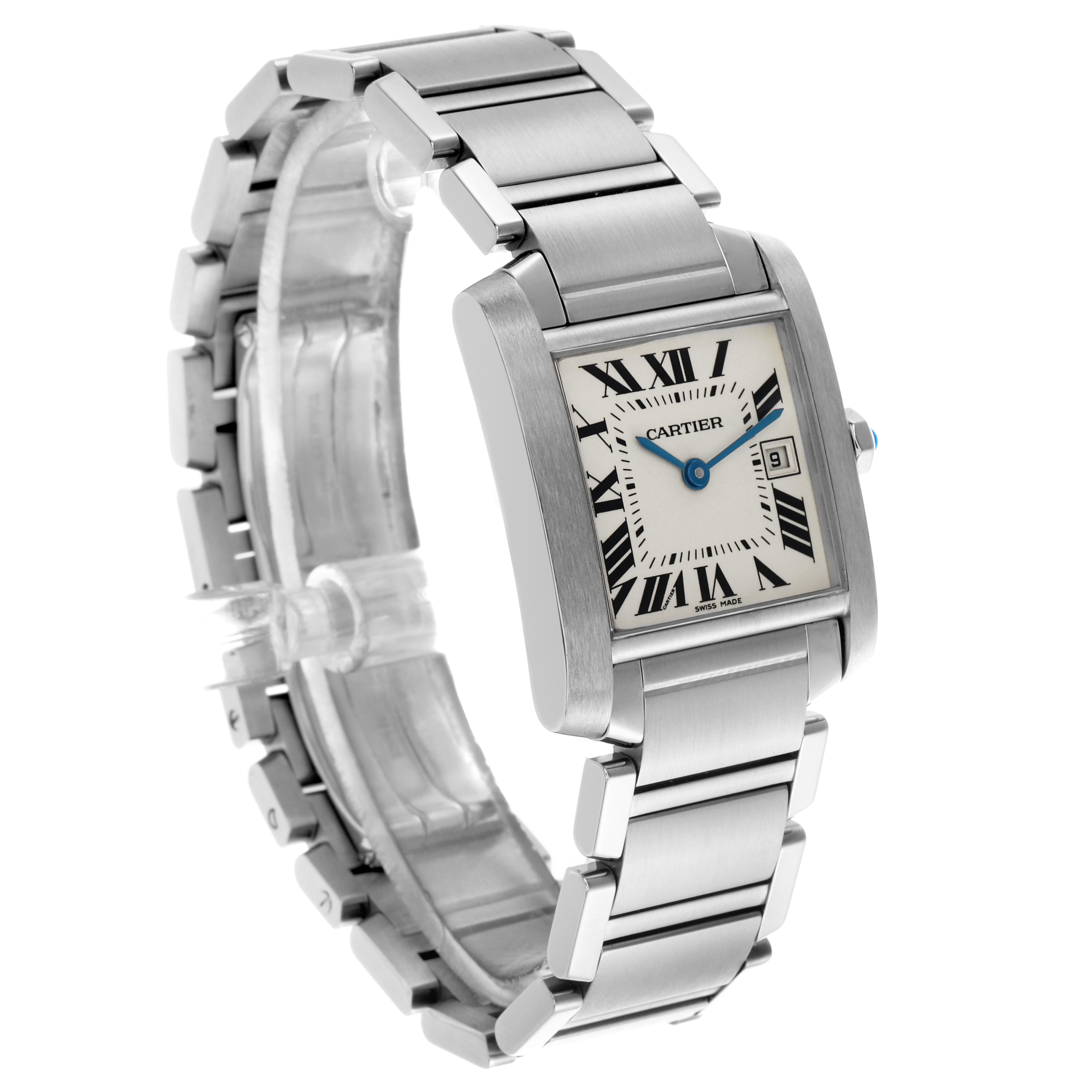 The Cartier Tank Francaise W51011Q3 Women's Stainless Steel Silver Dial W51011Q3 Women's Stainless Steel Silver Dial watch is shown at a slightly tilted angle, highlighting the face, bracelet, and side profile.
