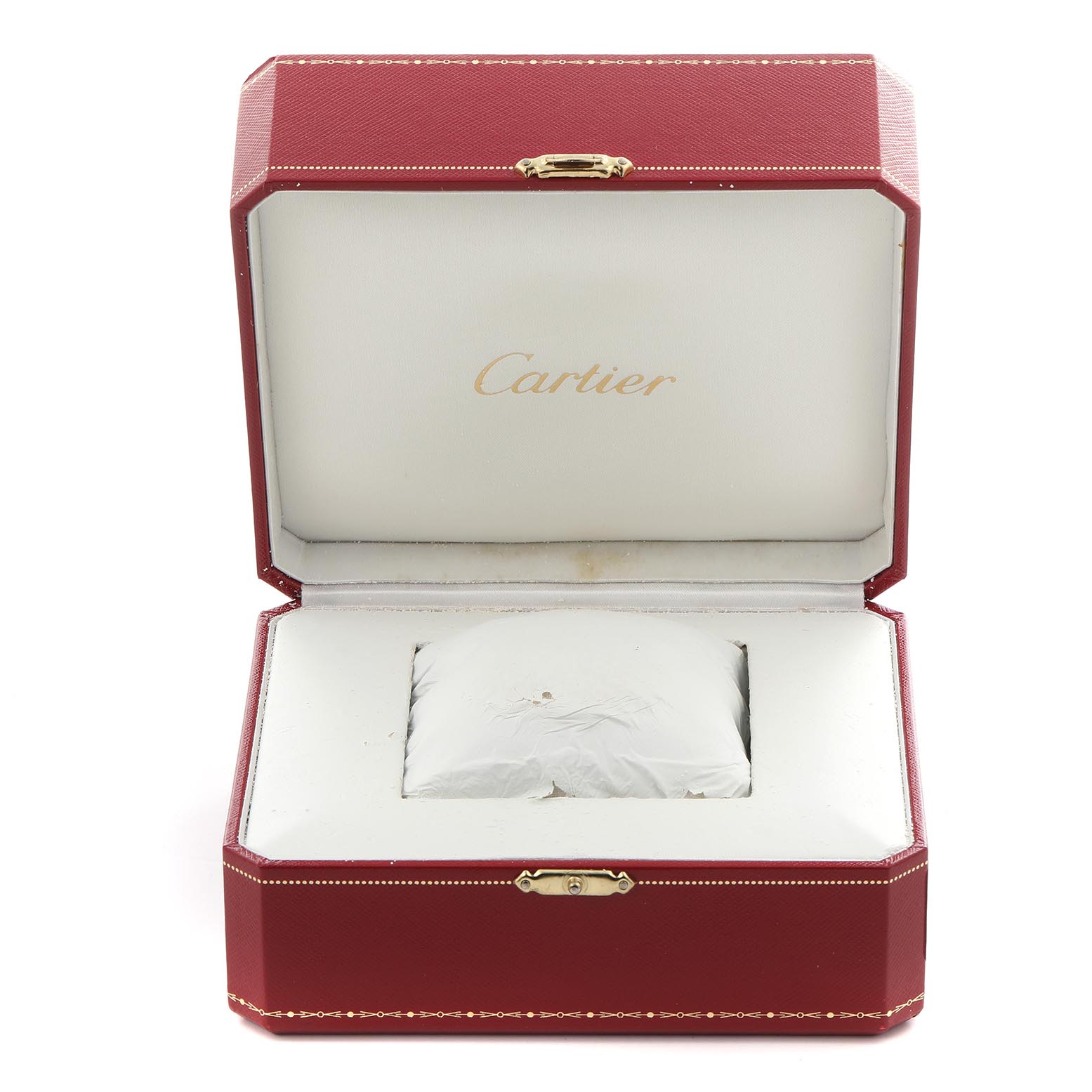 The image shows a Cartier Tank Française watch box, open, displaying its interior but not the watch itself.