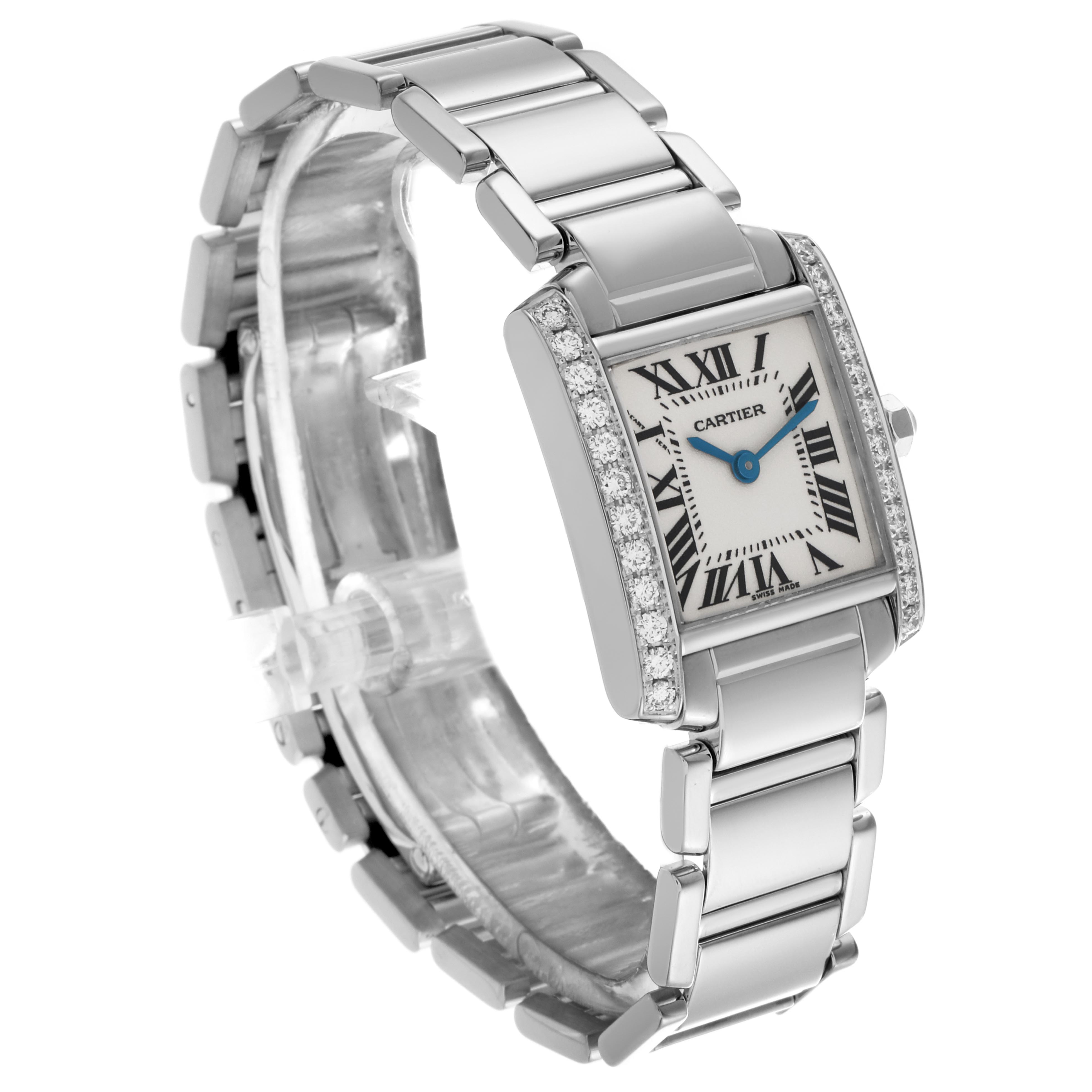 The Cartier Tank Francaise WE1002S3 Women's White Gold Silver Dial WE1002S3 Women's White Gold Silver Dial watch is shown at a slight angle, highlighting the rectangular case, diamond bezel, dial, and bracelet.