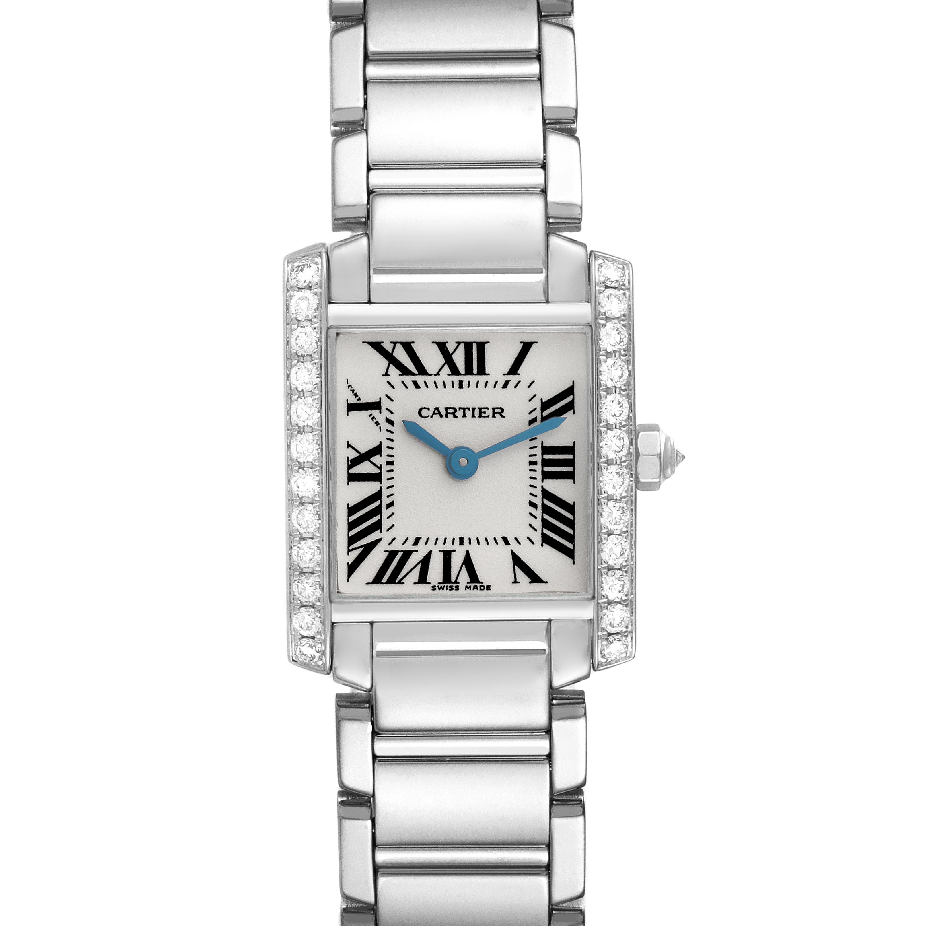 The Cartier Tank Française watch is shown from a front angle, displaying the face, bezel with diamonds, and part of the band.