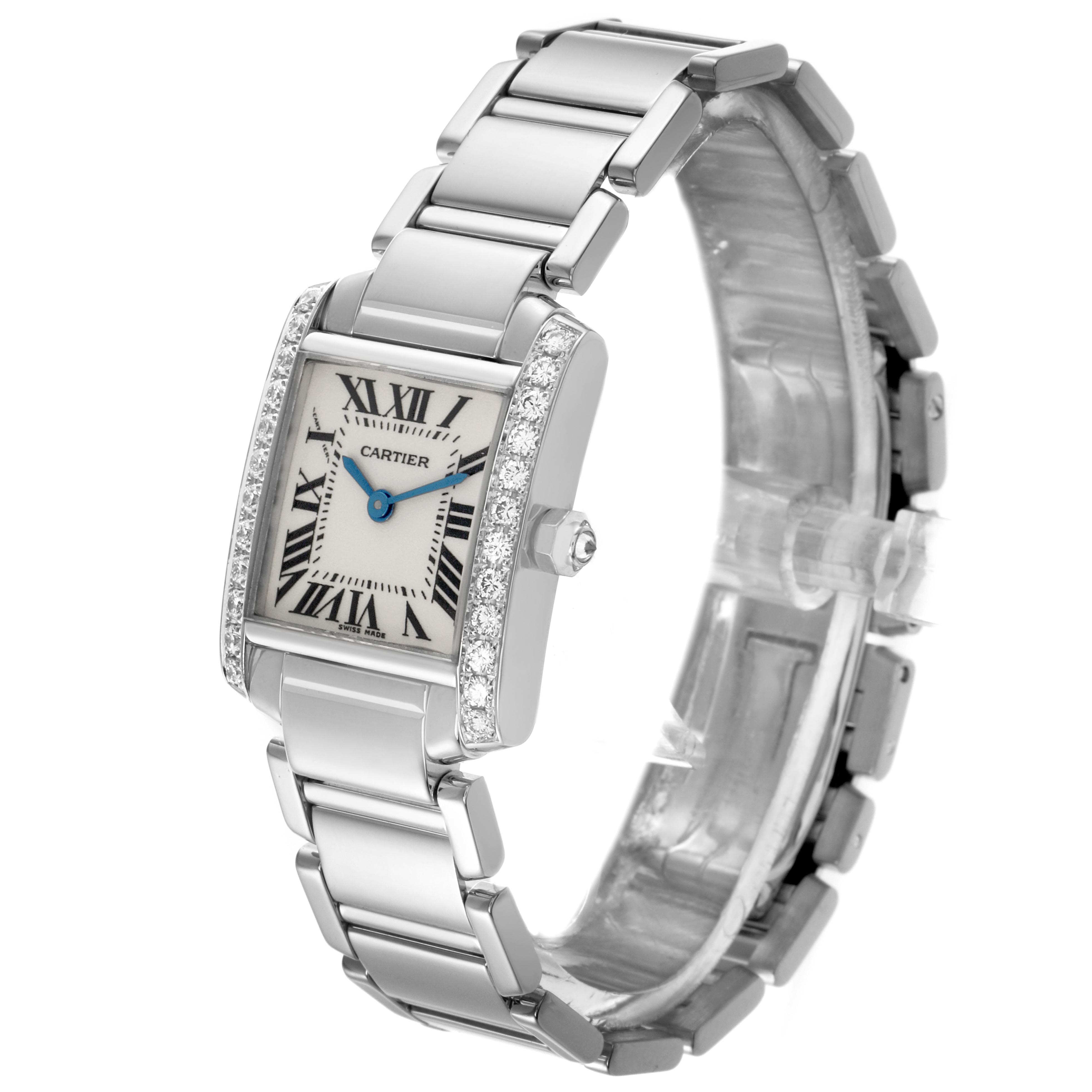 The Cartier Tank Francaise WE1002S3 Women's White Gold Silver Dial WE1002S3 Women's White Gold Silver Dial watch is shown at a slight angle, highlighting the rectangular face, metal bracelet, and diamond accents on the bezel.