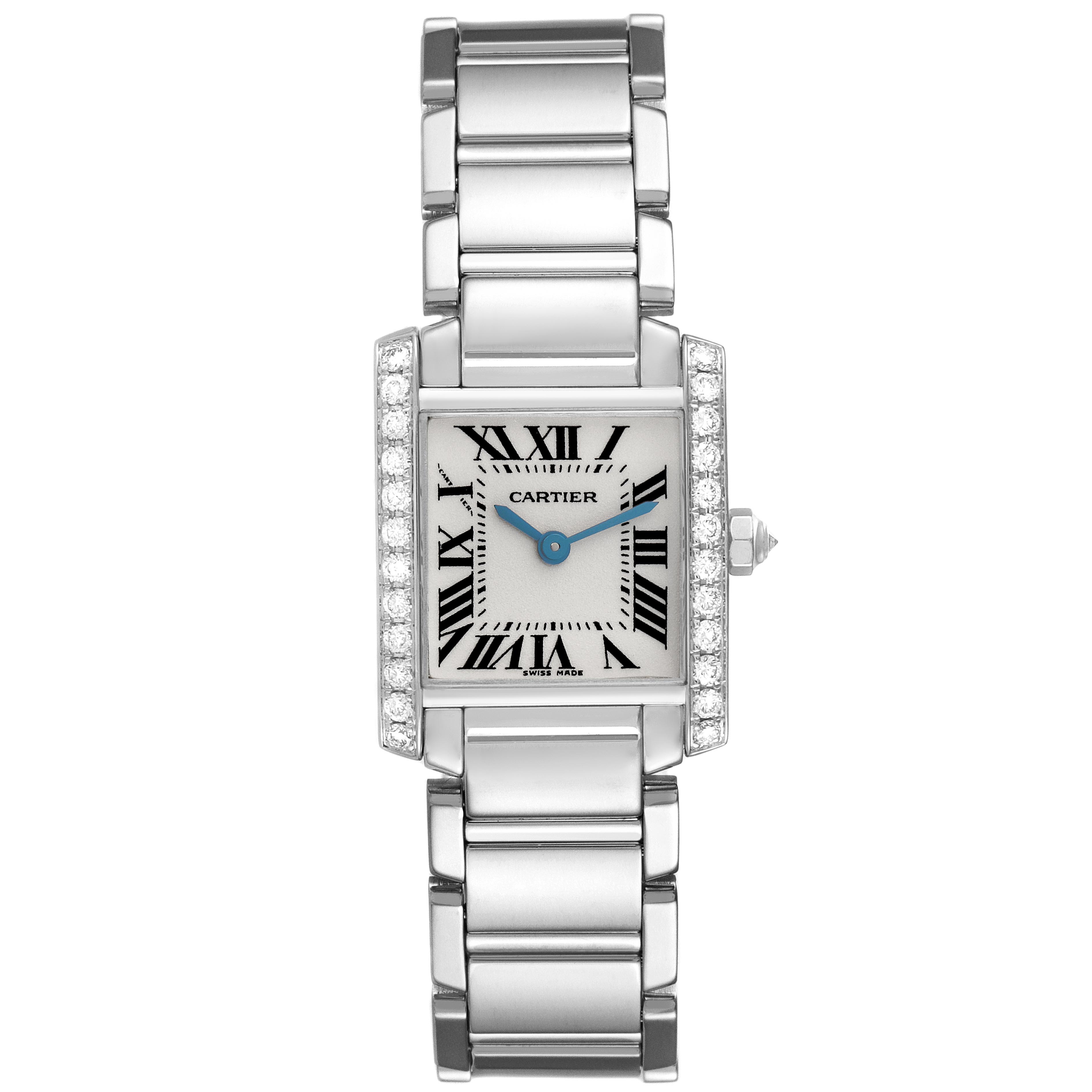 The Cartier Tank Française watch is shown from a top-down angle, displaying the face, bracelet, and diamond-bordered case.