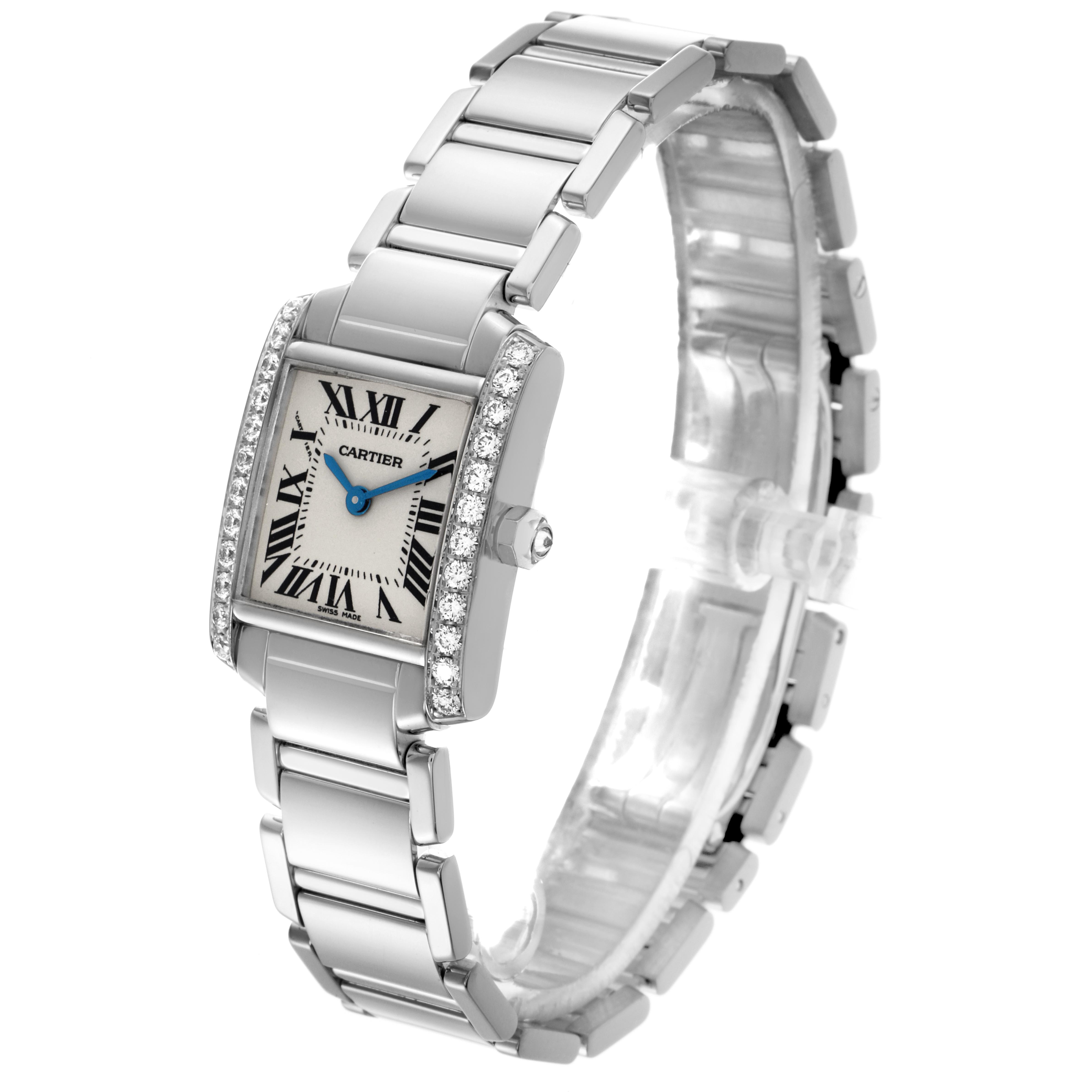 The Cartier Tank Française watch is shown at a slight angle, highlighting the face, bracelet, and diamond-set bezel.