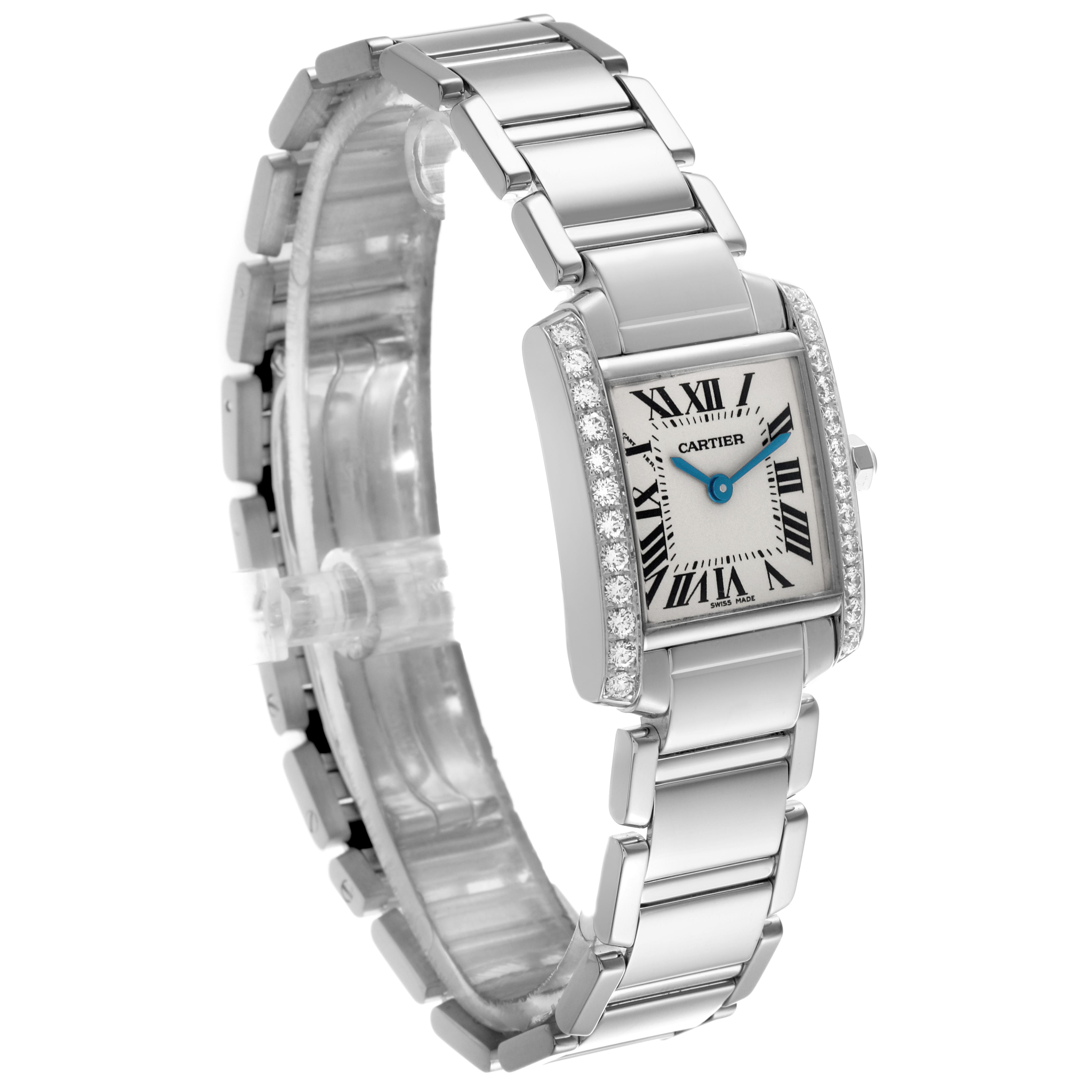 The Cartier Tank Francaise WE1002S3 Women's White Gold Silver Dial WE1002S3 Women's White Gold Silver Dial watch is shown at a three-quarter angle, highlighting the face, diamond bezel, and metallic bracelet.