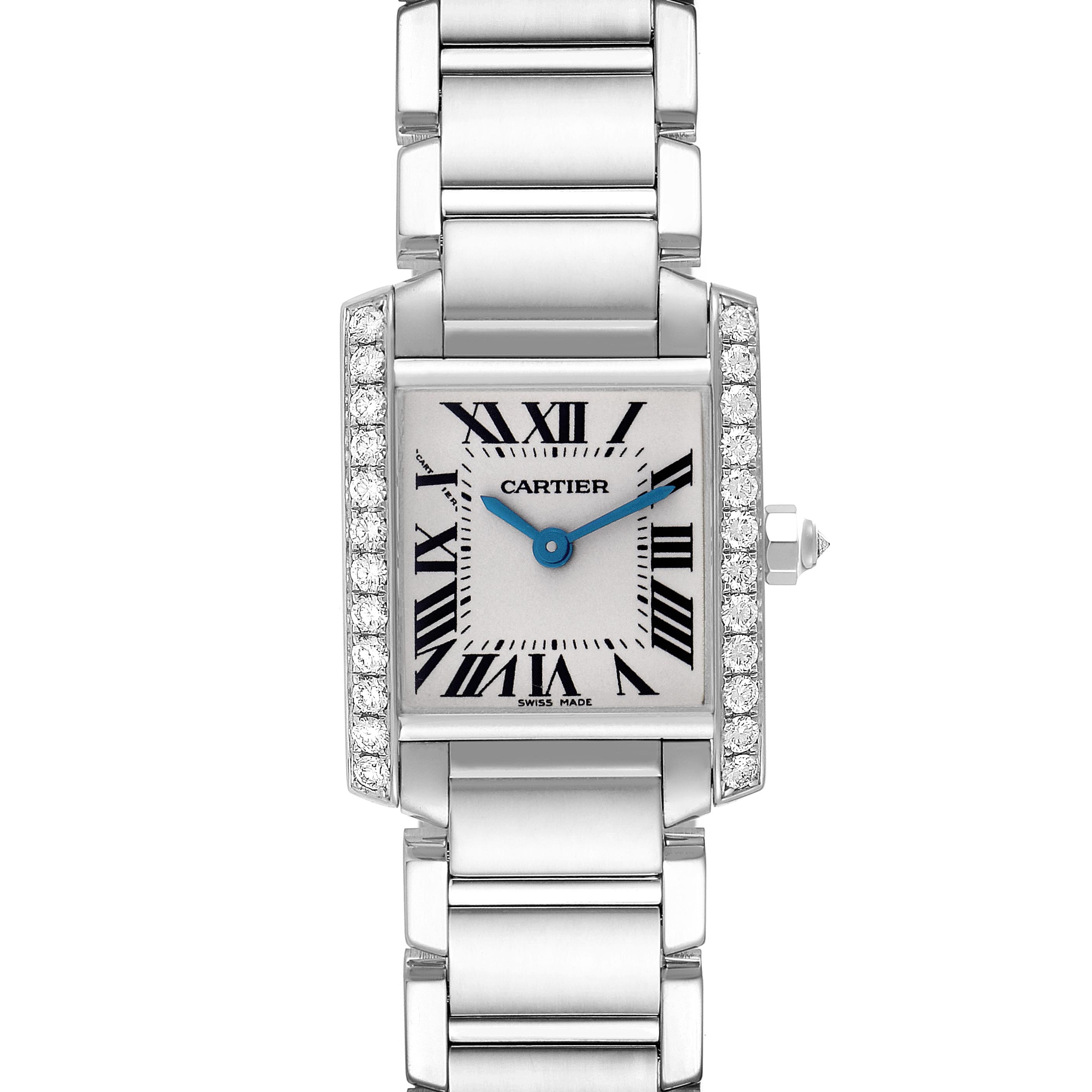 The Cartier Tank Francaise WE1002S3 Women's White Gold Silver Dial WE1002S3 Women's White Gold Silver Dial watch is shown from a front view, highlighting its rectangular face, bracelet, and diamond-studded bezel.