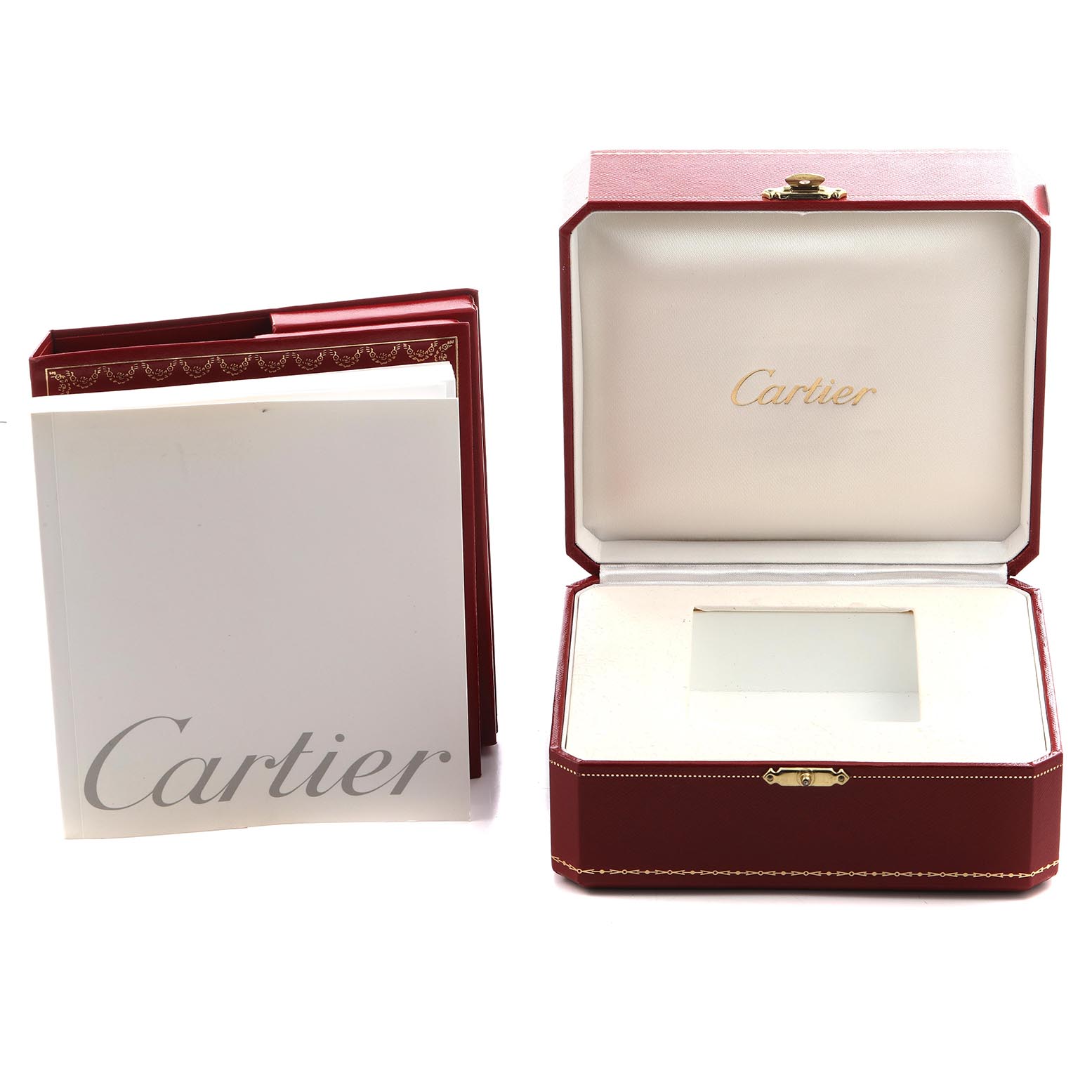 The image shows the open box and manual for the Cartier Tank Francaise WE1002S3 Women's White Gold Silver Dial WE1002S3 Women's White Gold Silver Dial watch, highlighting its presentation packaging.