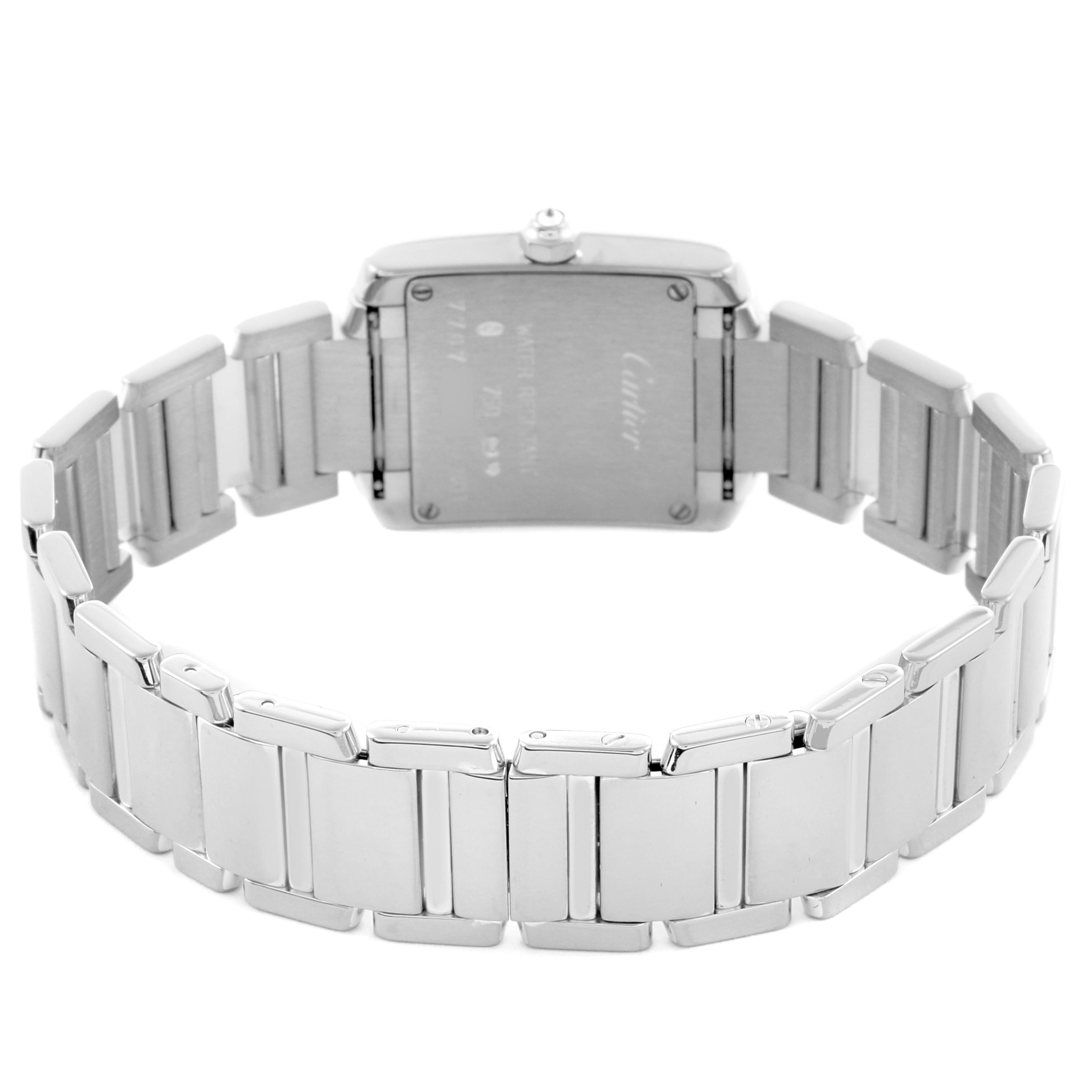 The image shows the back view of the Cartier Tank Francaise WE1002S3 Women's White Gold Silver Dial WE1002S3 Women's White Gold Silver Dial watch, highlighting the metal bracelet and case back.