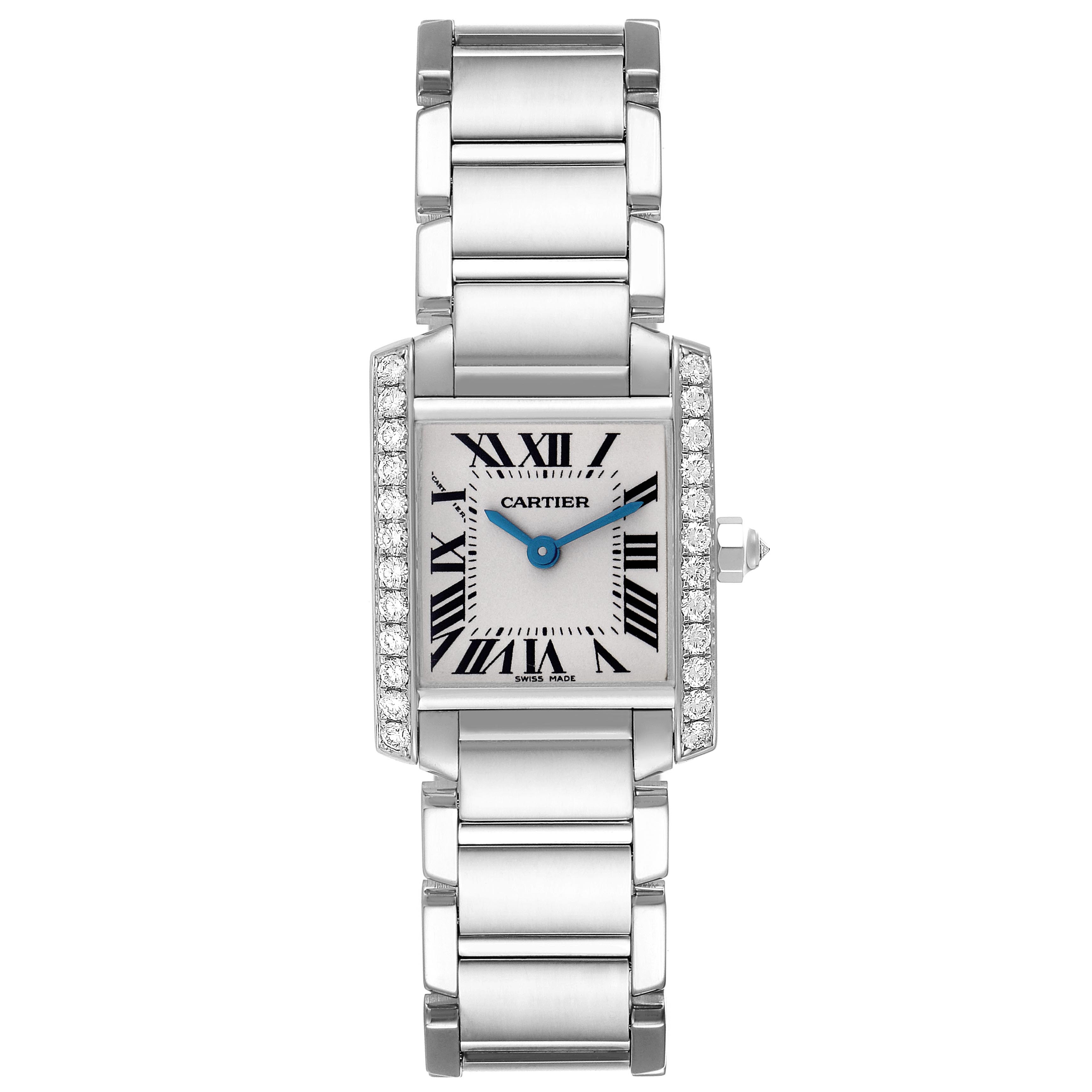 The Cartier Tank Française watch is shown from the front, displaying its rectangular face, Roman numerals, and bracelet.