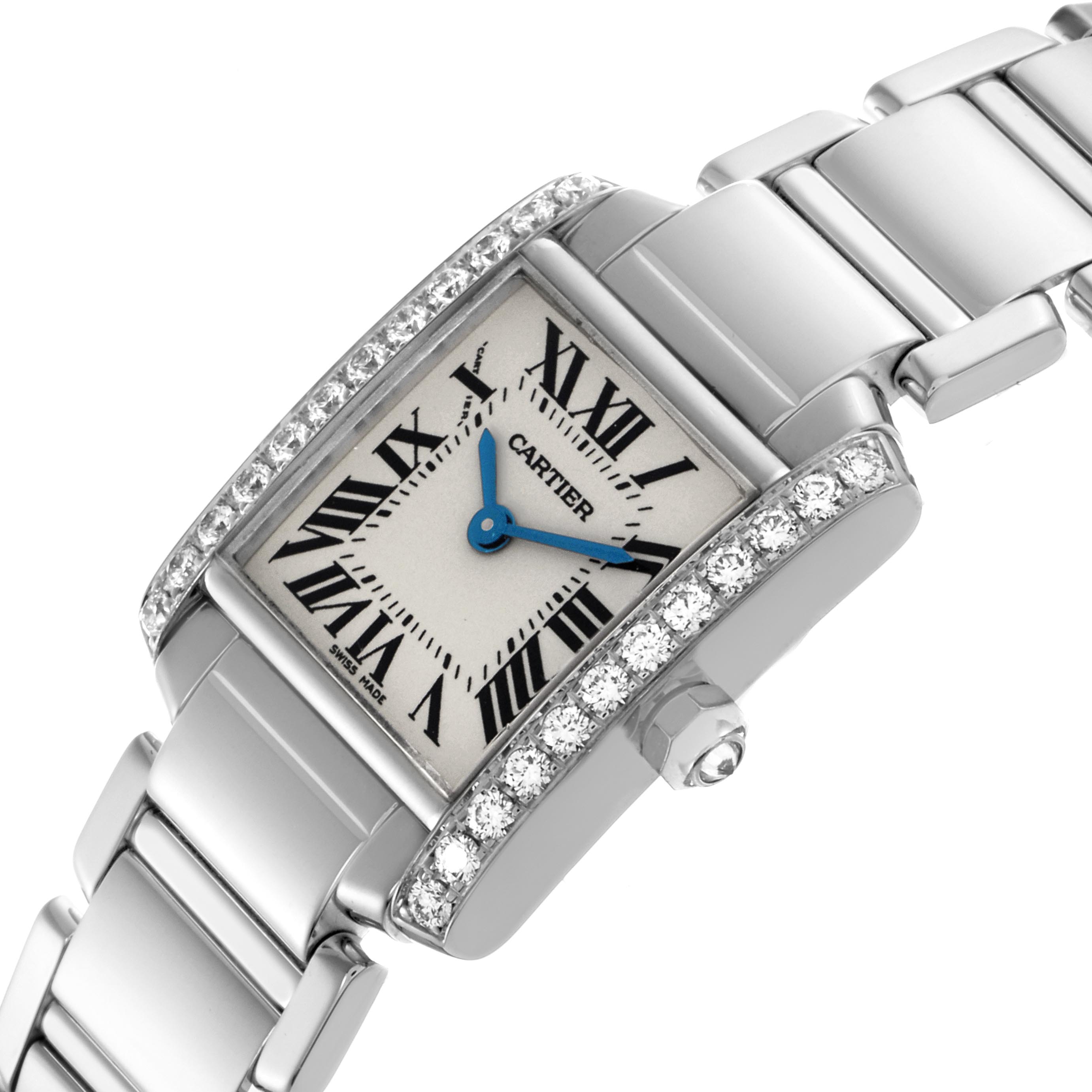 The Cartier Tank Francaise WE1002S3 Women's White Gold Silver Dial WE1002S3 Women's White Gold Silver Dial watch is shown at an angled view, highlighting its rectangular face, diamond-set bezel, and silver bracelet.