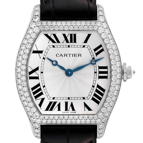 Photo of Cartier Tortue Large White Gold Diamond Mens Watch WA503851 Box Card
