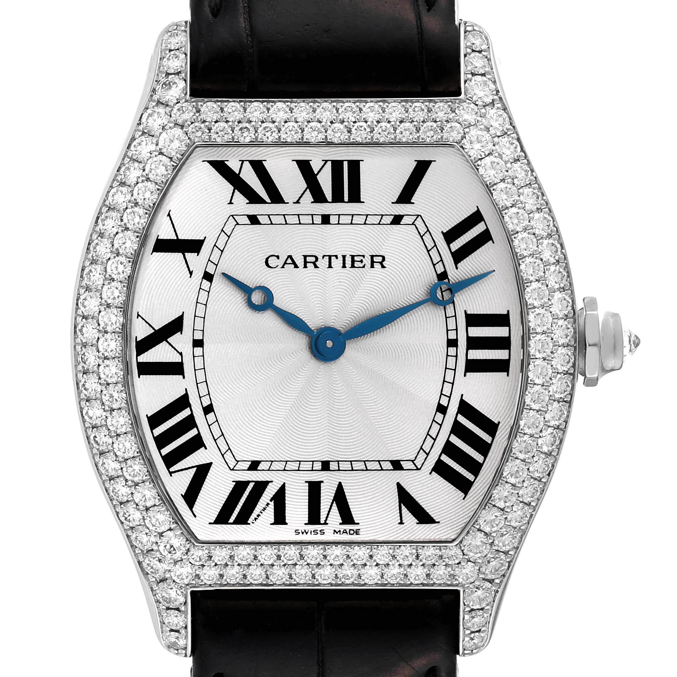 The image shows a Cartier Tortue WA503851 Men's White Gold Silver Dial WA503851 Men's White Gold Silver Dial watch from the front, highlighting its diamond-studded bezel, Roman numeral dial, and leather strap.