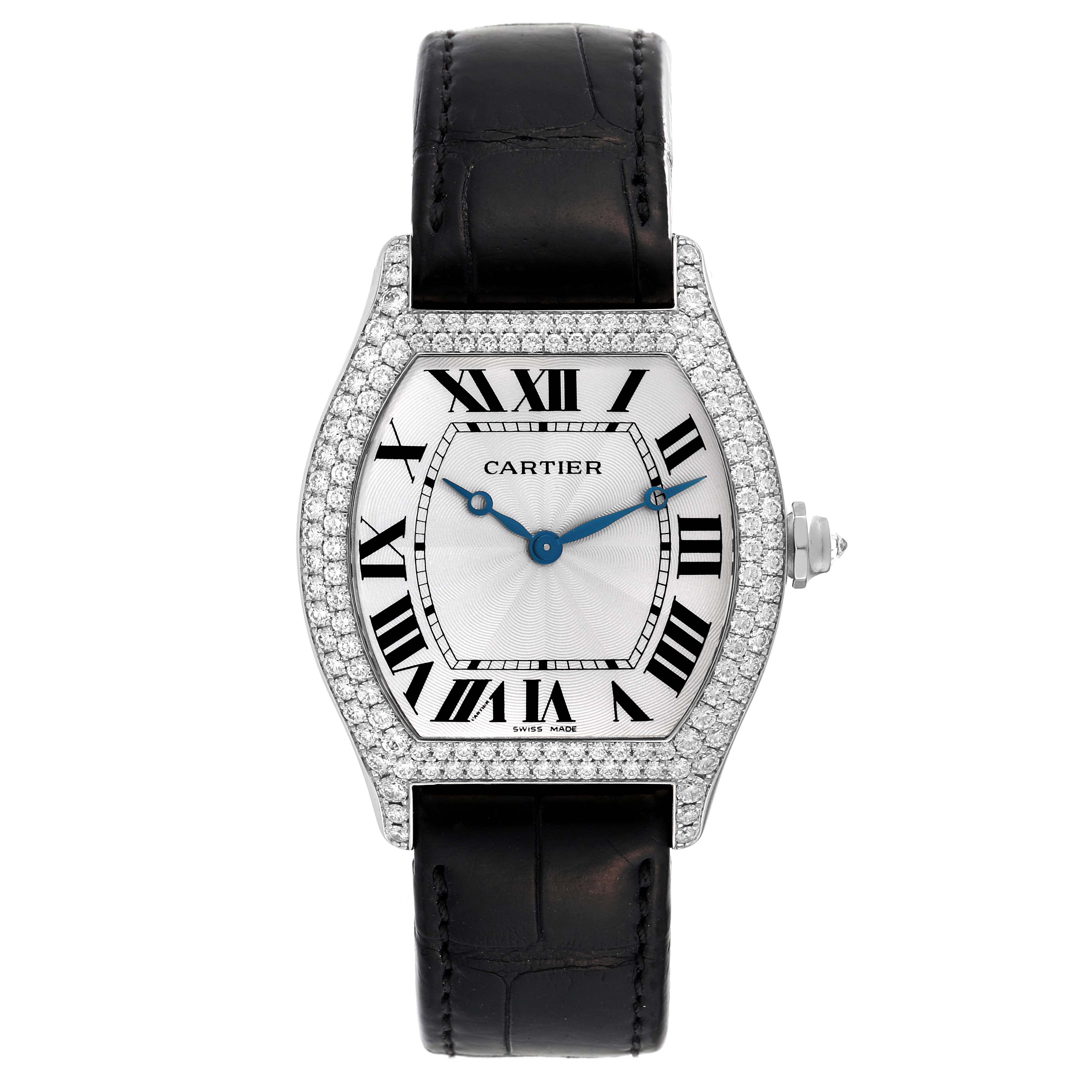 The image shows a Cartier Tortue WA503851 Men's White Gold Silver Dial WA503851 Men's White Gold Silver Dial watch from a front angle, highlighting its intricate design and leather strap.