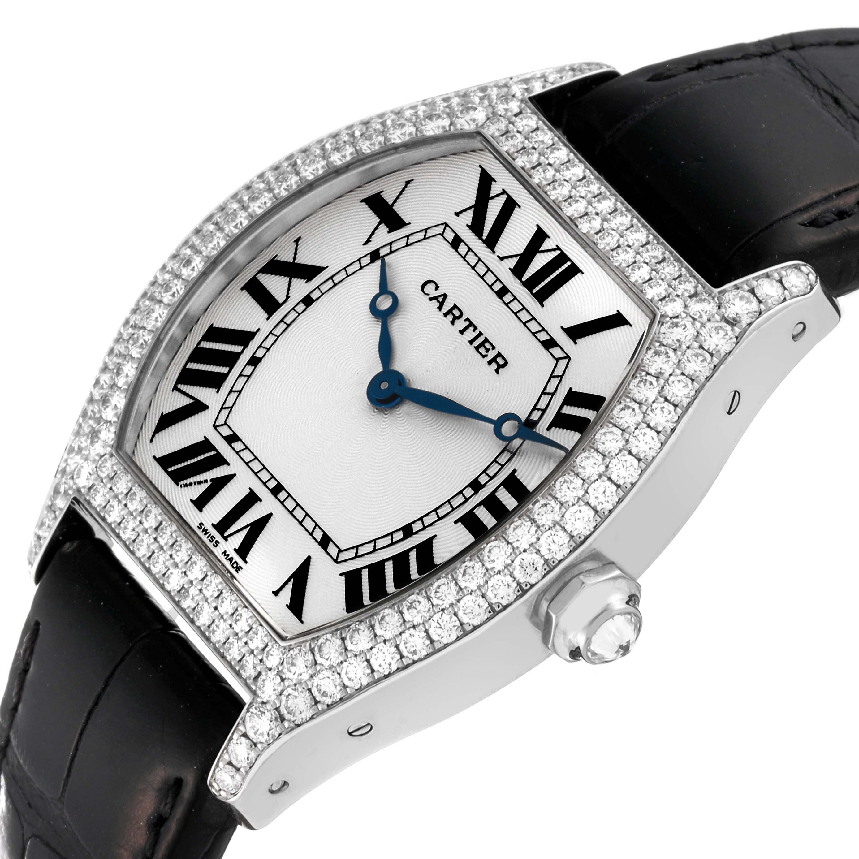 The Cartier Tortue WA503851 Men's White Gold Silver Dial WA503851 Men's White Gold Silver Dial watch is shown at an angled view highlighting its diamond bezel, Roman numeral dial, and black leather strap.