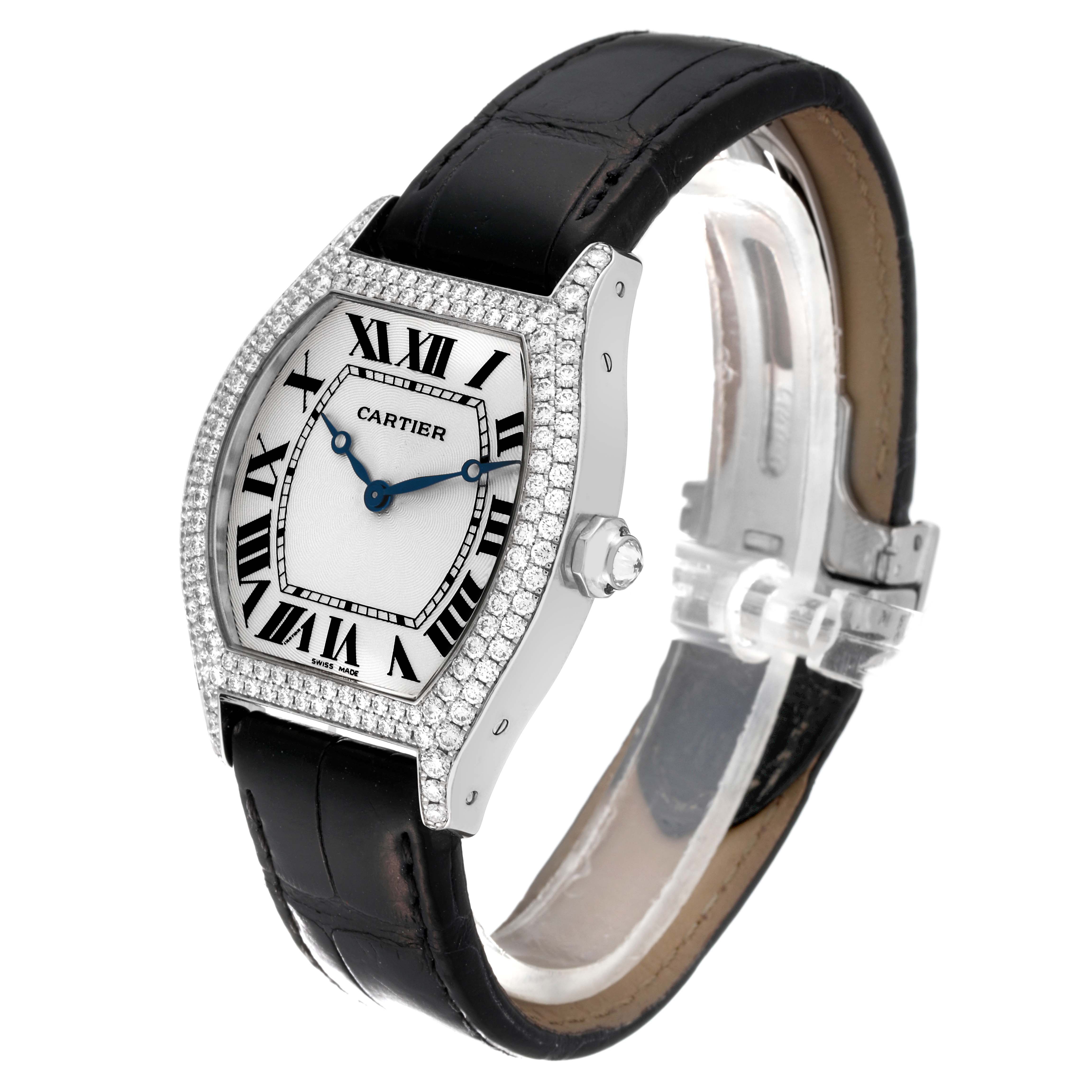 The image shows a Cartier Tortue WA503851 Men's White Gold Silver Dial WA503851 Men's White Gold Silver Dial watch angled to display the face, case, and leather strap.