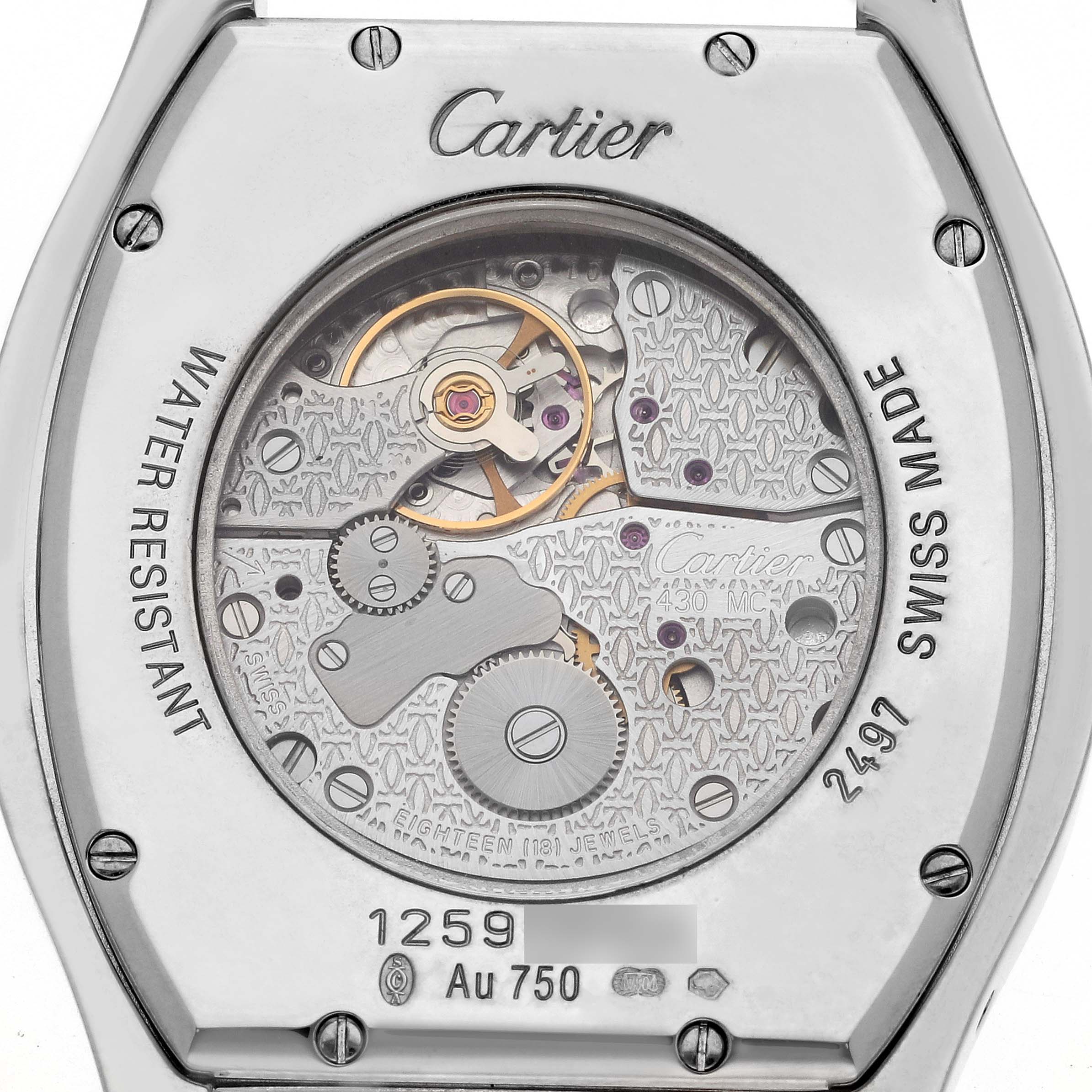 The image shows the back view of a Cartier Tortue WA503851 Men's White Gold Silver Dial WA503851 Men's White Gold Silver Dial watch, revealing its intricate movement and internal components.