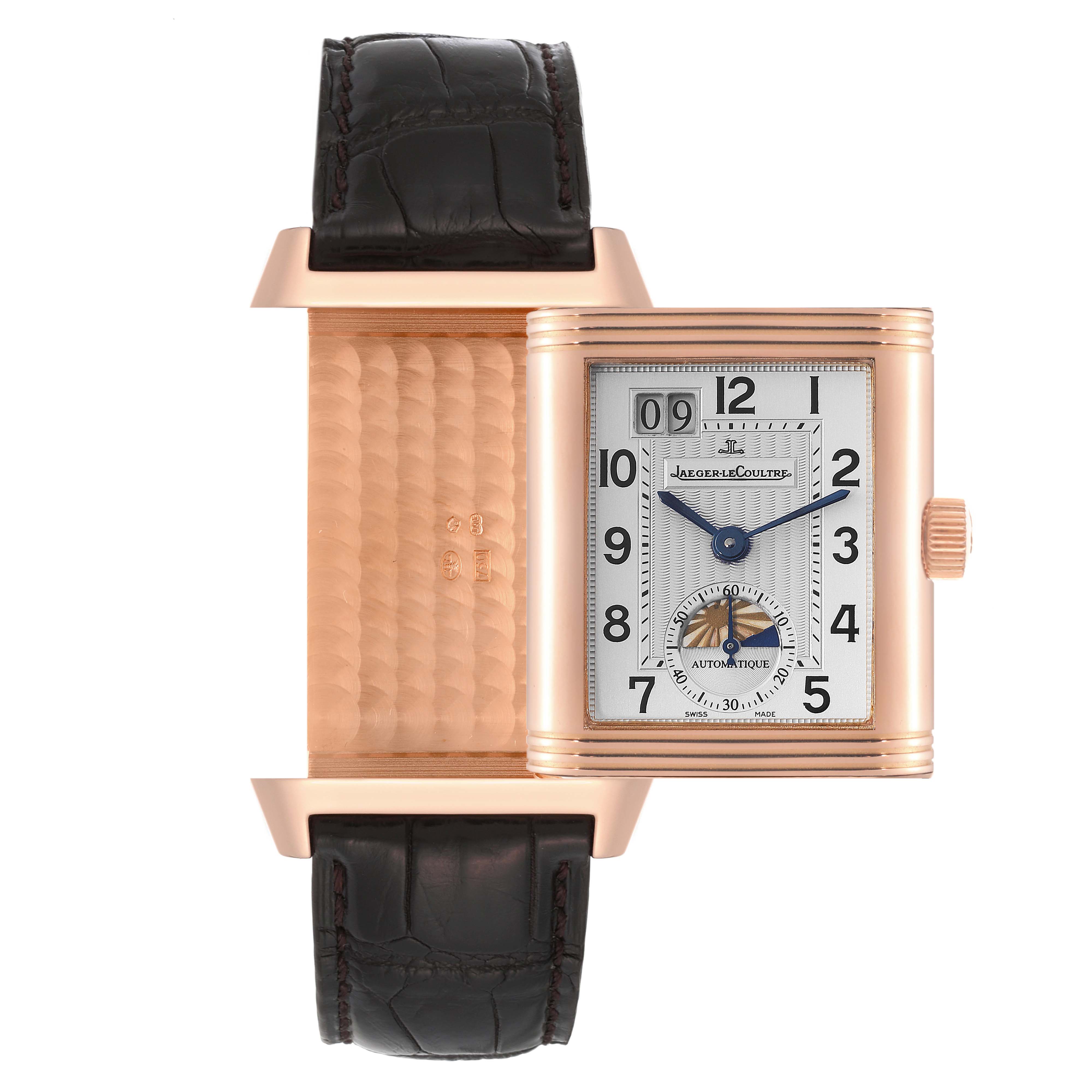 The image shows a front view of the Jaeger LeCoultre Reverso Q3032420 Men
s Rose Gold Silver Dial Q3032420 Men
s Rose Gold Silver Dial watch, displaying both the face and the engraved reverse side.