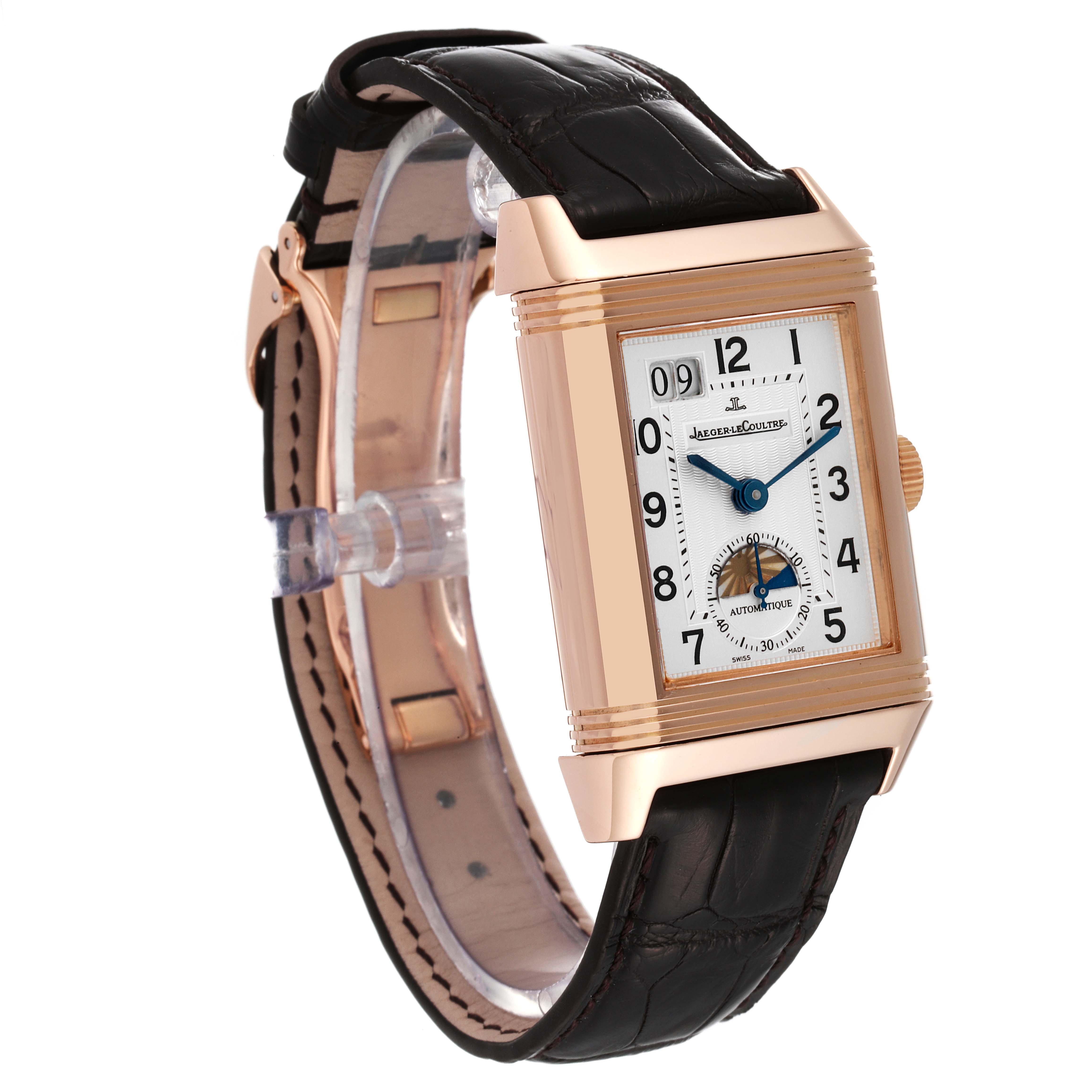 This is a Jaeger-LeCoultre Reverso watch shown from a three-quarter angle, displaying the dial and leather strap.