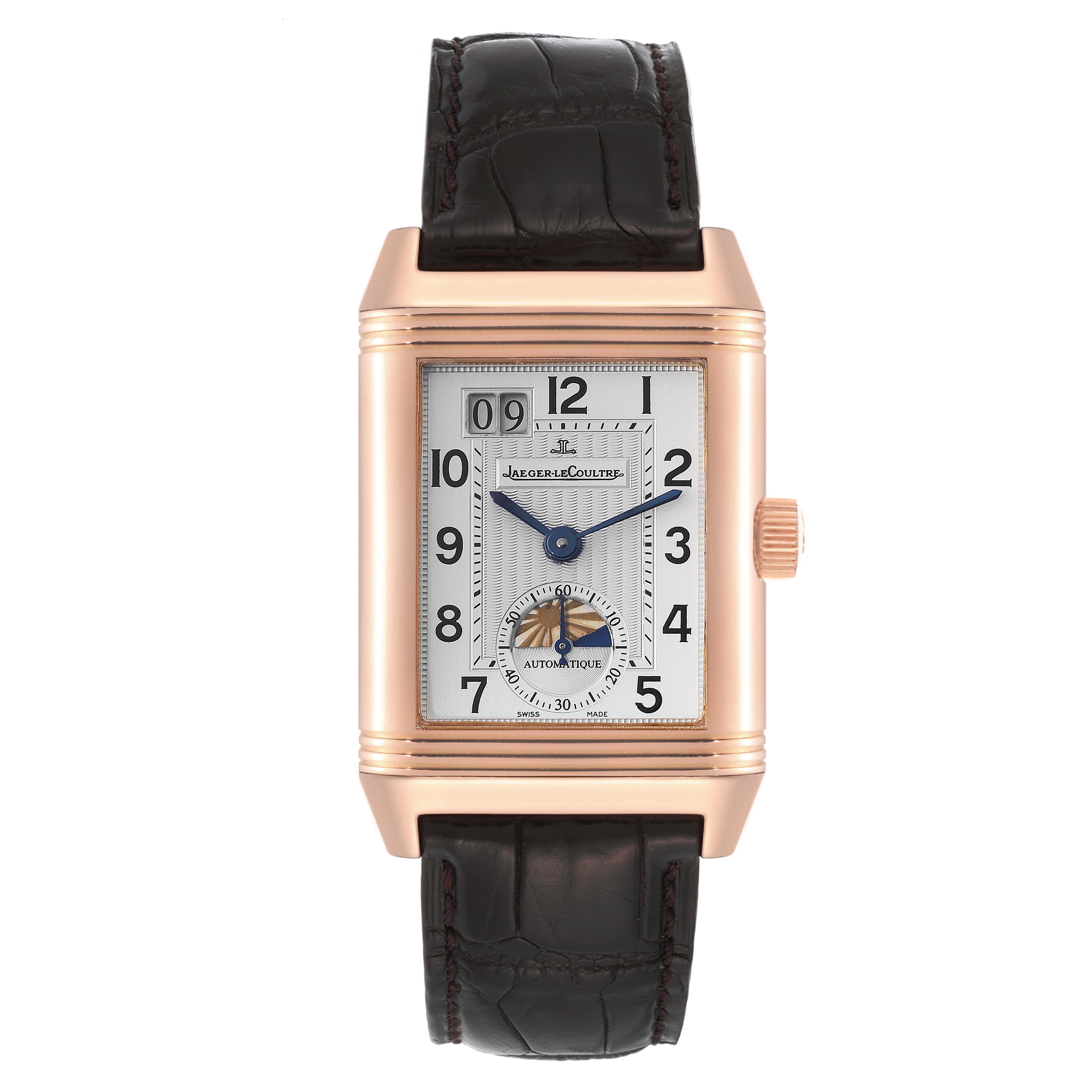 This image shows a front view of a Jaeger LeCoultre Reverso Q3032420 Men
s Rose Gold Silver Dial Q3032420 Men
s Rose Gold Silver Dial watch, highlighting its rectangular dial, rose gold case, and leather strap.