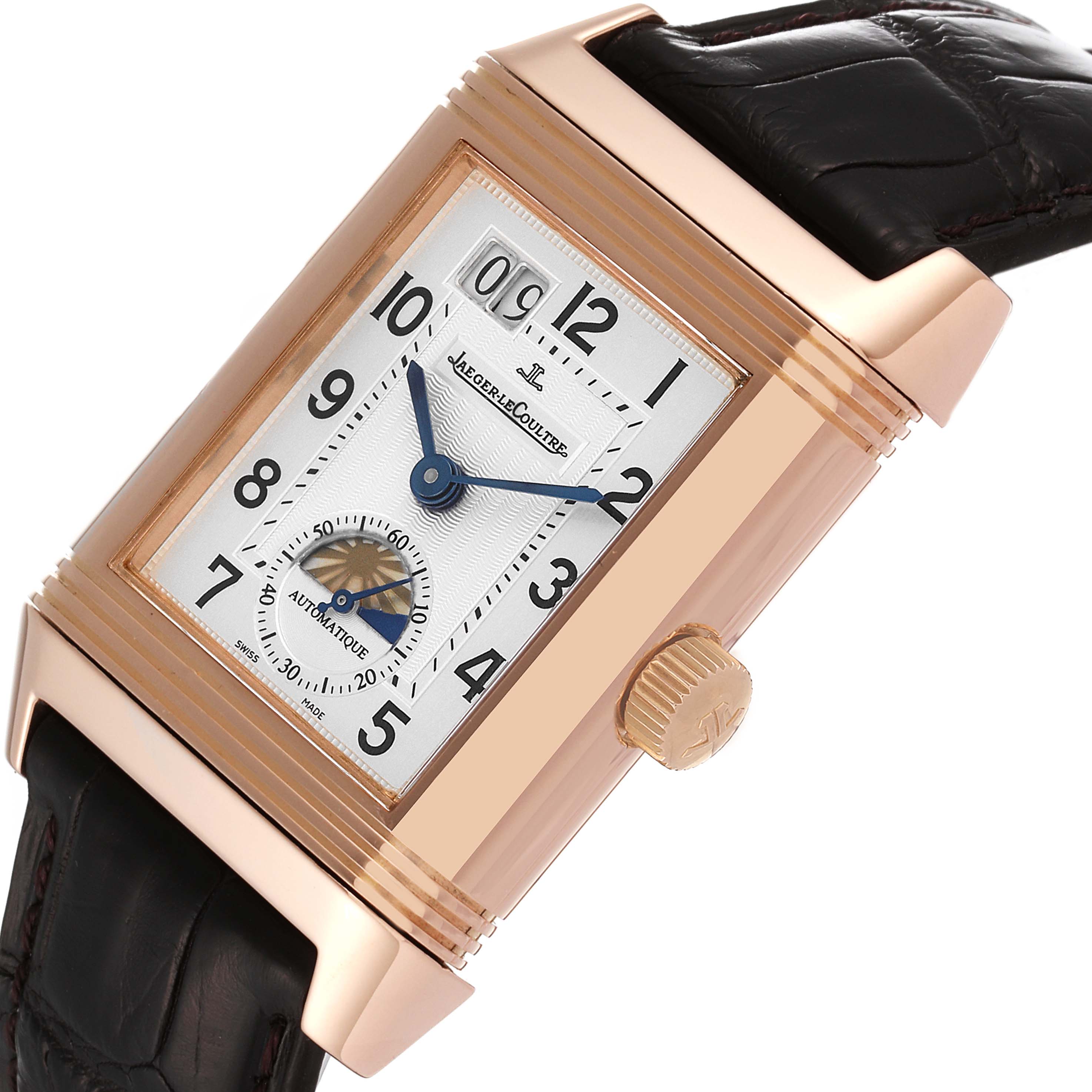 This image shows a close-up angle of the Jaeger LeCoultre Reverso Q3032420 Men
s Rose Gold Silver Dial Q3032420 Men
s Rose Gold Silver Dial watch face and crown.