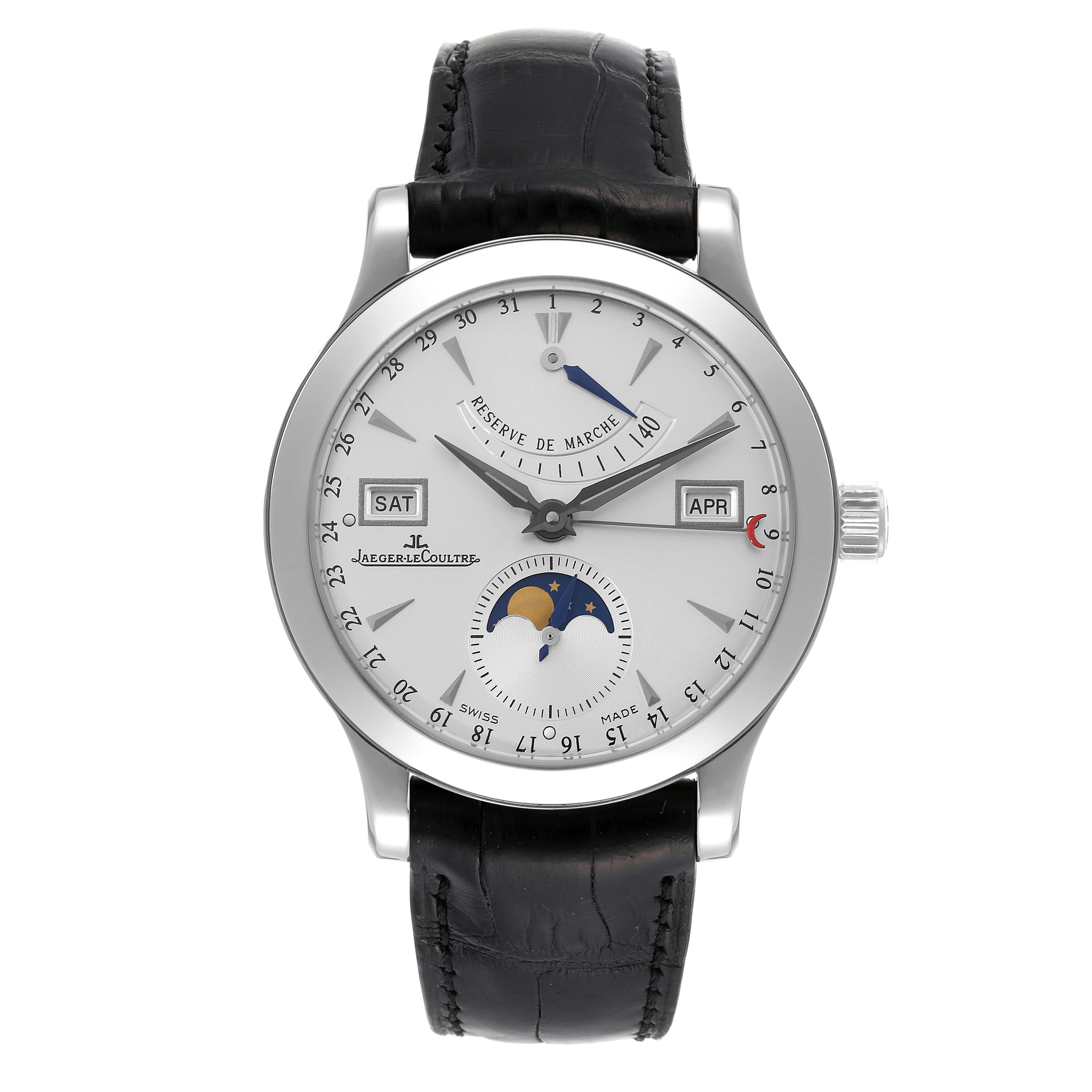 The image shows a front view of the Jaeger LeCoultre Master Q151842A Men's Stainless Steel Silver Dial Q151842A Men's Stainless Steel Silver Dial model watch, displaying the face, hands, and leather strap.