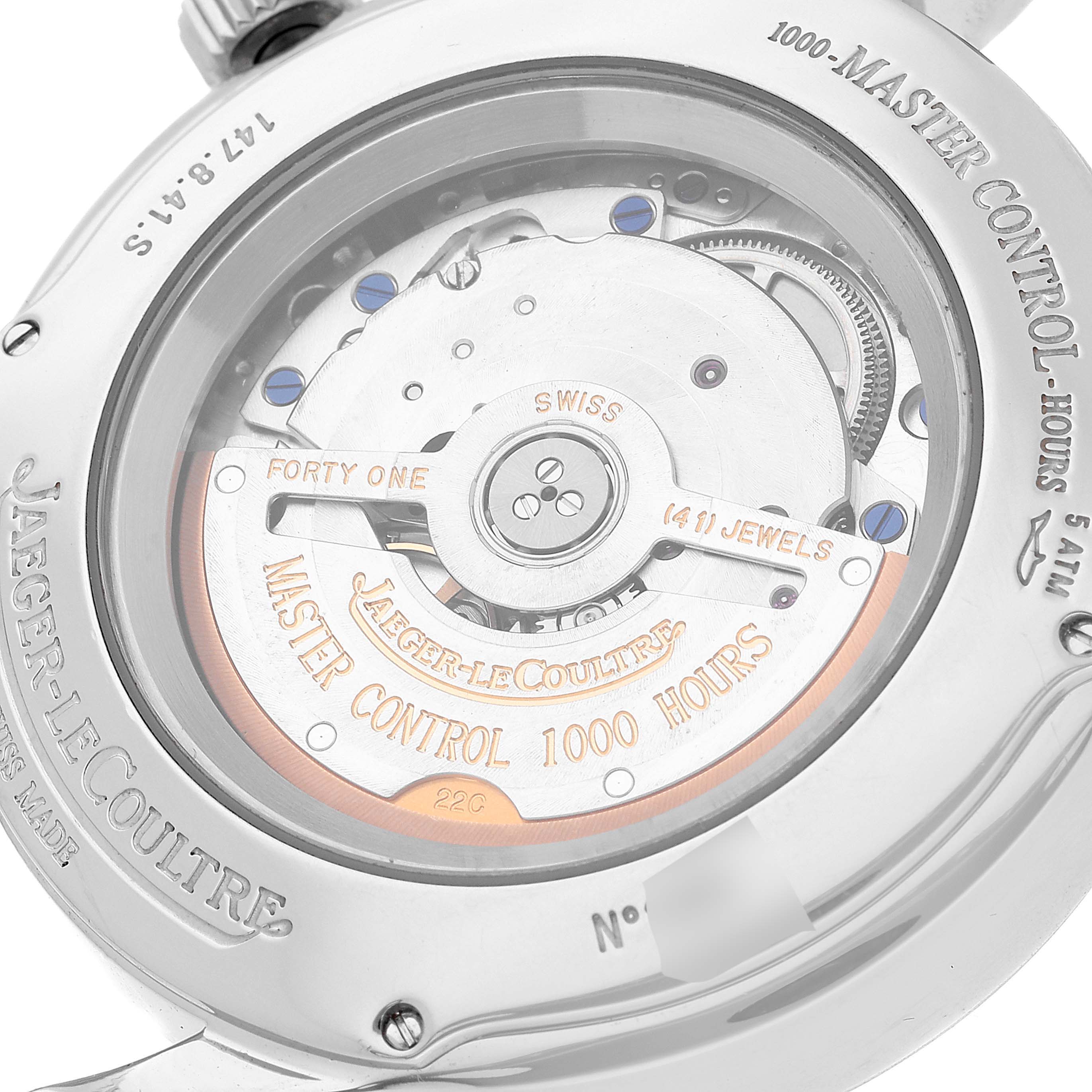 This image shows the back view of a Jaeger-LeCoultre Master model watch, highlighting the inner mechanical movement.